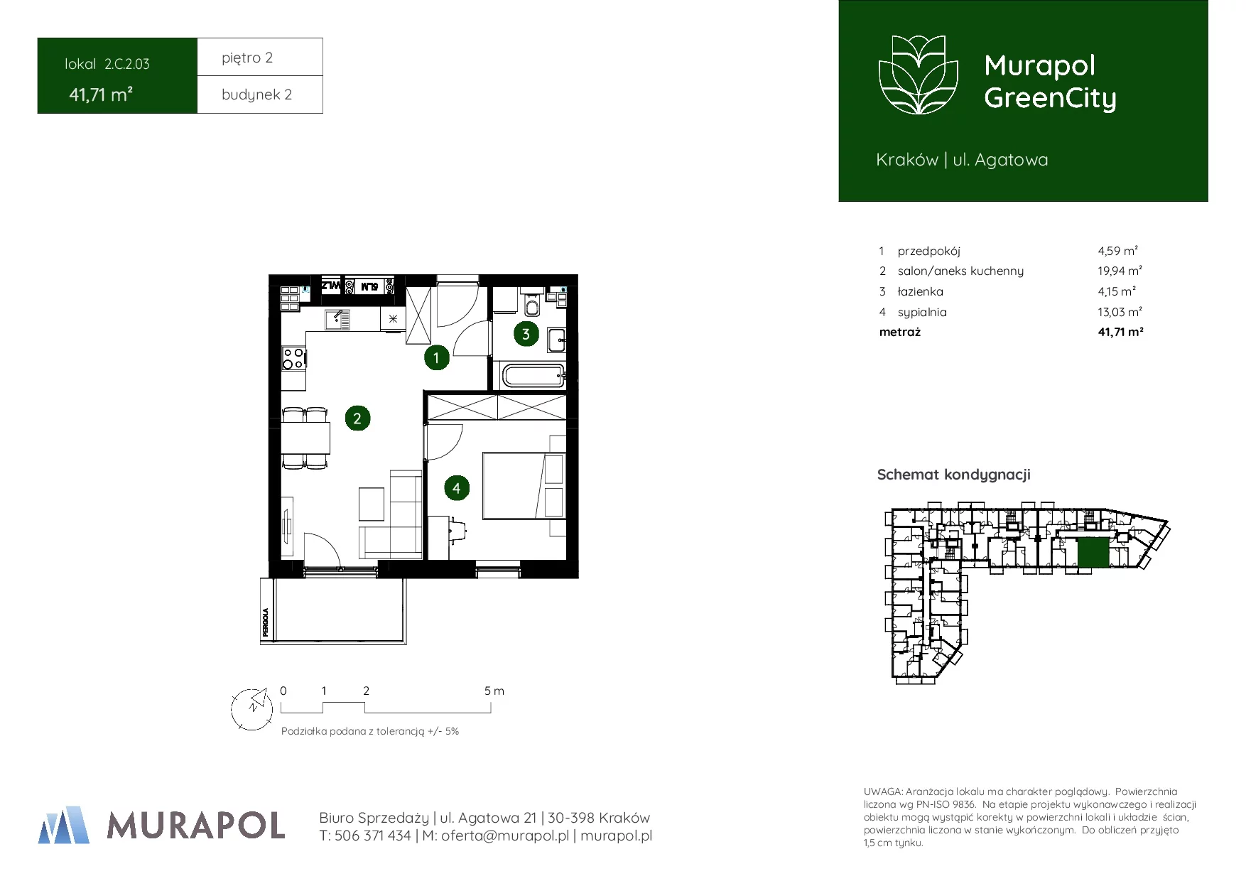 2 pokoje, mieszkanie 41,71 m², piętro 2, oferta nr 2.C.2.03, Murapol GreenCity, Kraków, Bieżanów-Prokocim, Osiedle Złocień, ul. Agatowa