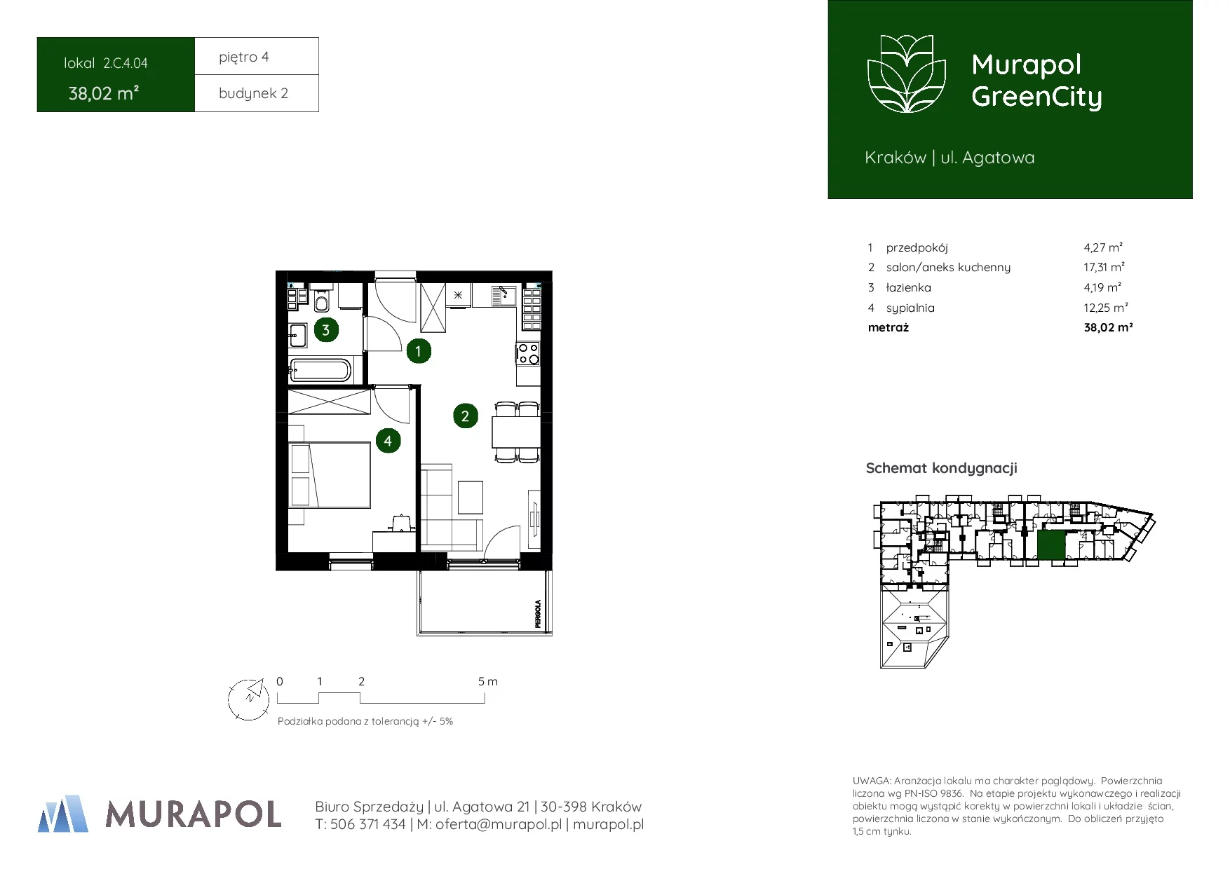 2 pokoje, mieszkanie 38,02 m², piętro 4, oferta nr 2.C.4.04, Murapol GreenCity, Kraków, Bieżanów-Prokocim, Osiedle Złocień, ul. Agatowa