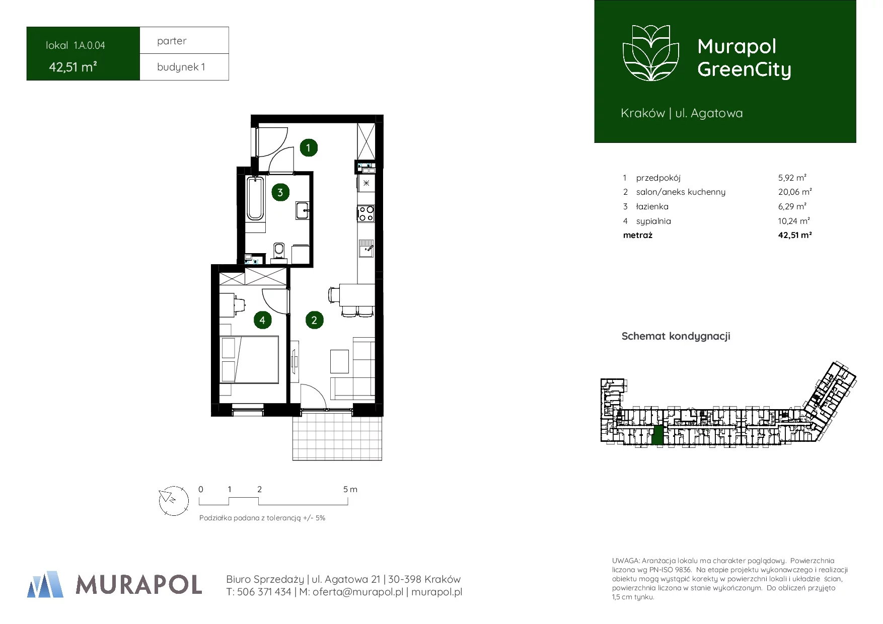 2 pokoje, mieszkanie 42,51 m², parter, oferta nr 1.A.0.04, Murapol GreenCity, Kraków, Bieżanów-Prokocim, Osiedle Złocień, ul. Agatowa