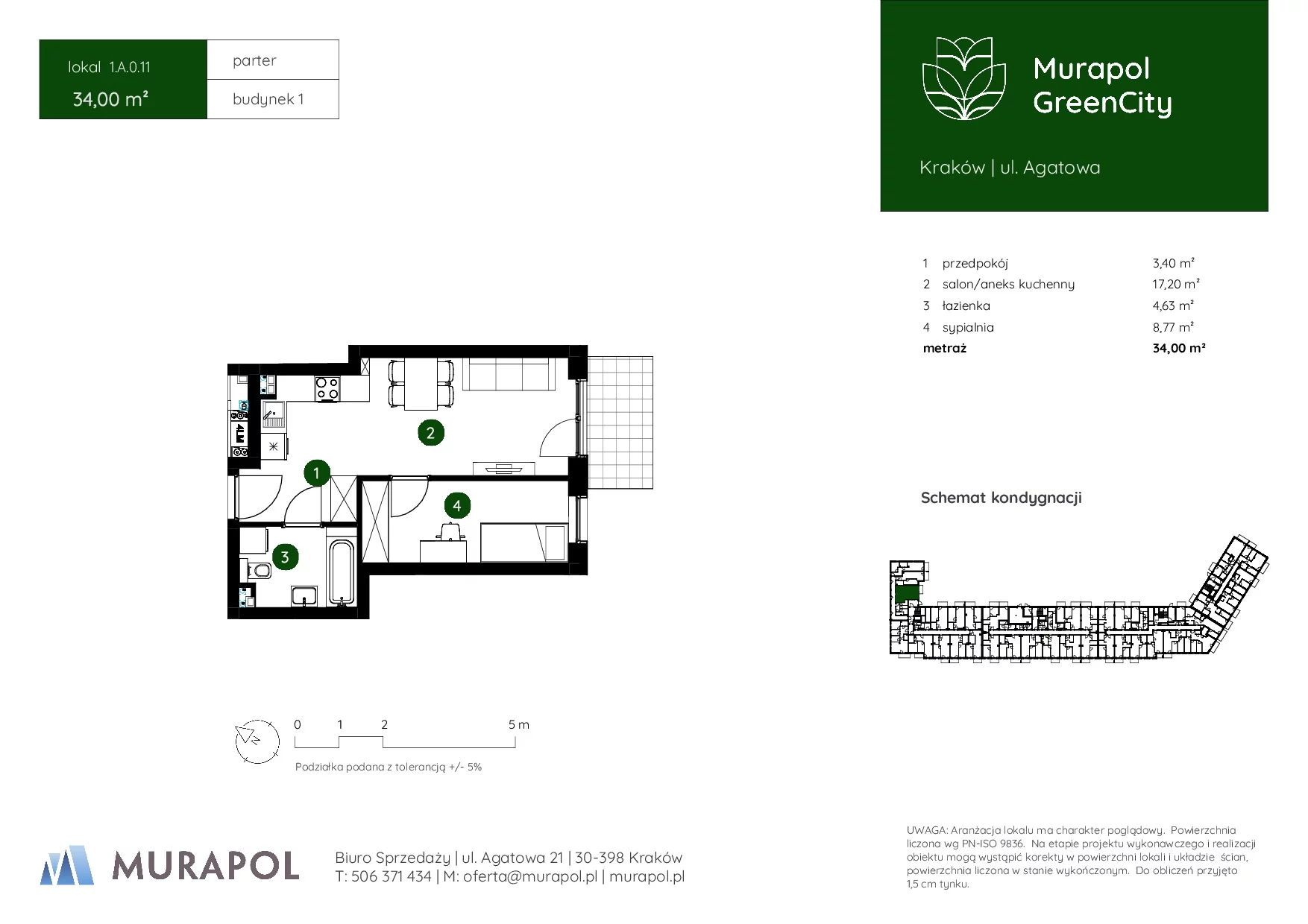2 pokoje, mieszkanie 34,00 m², parter, oferta nr 1.A.0.11, Murapol GreenCity, Kraków, Bieżanów-Prokocim, Osiedle Złocień, ul. Agatowa