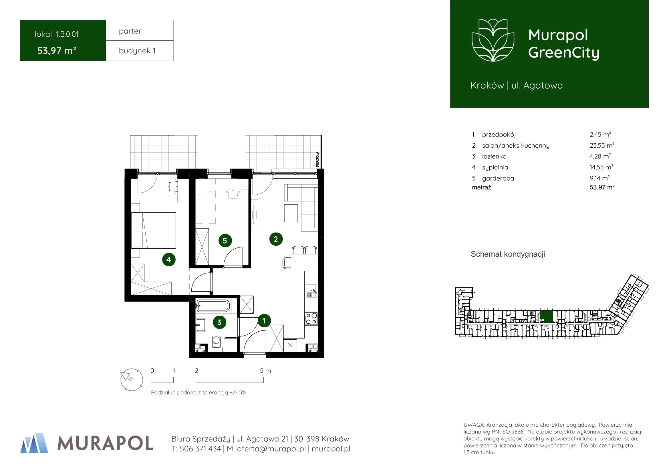 2 pokoje, mieszkanie 53,97 m², parter, oferta nr 1.B.0.01, Murapol GreenCity, Kraków, Bieżanów-Prokocim, Osiedle Złocień, ul. Agatowa