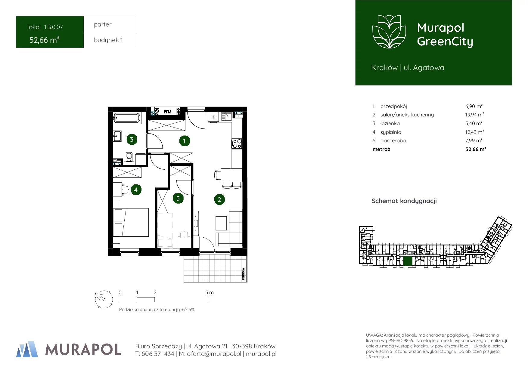 2 pokoje, mieszkanie 52,66 m², parter, oferta nr 1.B.0.07, Murapol GreenCity, Kraków, Bieżanów-Prokocim, Osiedle Złocień, ul. Agatowa