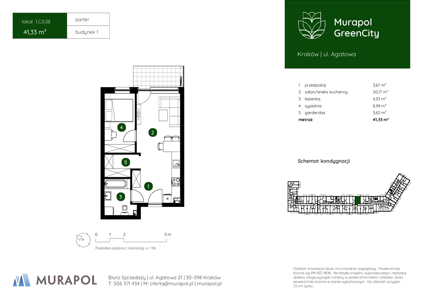 2 pokoje, mieszkanie 41,33 m², parter, oferta nr 1.C.0.08, Murapol GreenCity, Kraków, Bieżanów-Prokocim, Osiedle Złocień, ul. Agatowa