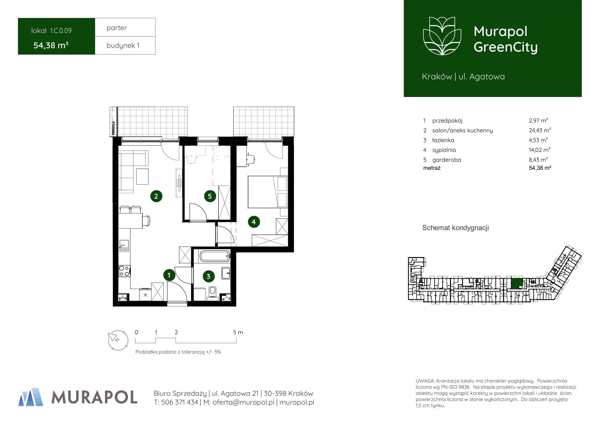 2 pokoje, mieszkanie 54,38 m², parter, oferta nr 1.C.0.09, Murapol GreenCity, Kraków, Bieżanów-Prokocim, Osiedle Złocień, ul. Agatowa