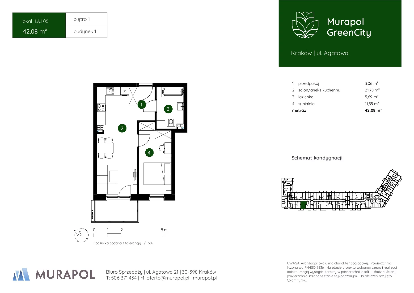 2 pokoje, mieszkanie 42,08 m², piętro 1, oferta nr 1.A.1.05, Murapol GreenCity, Kraków, Bieżanów-Prokocim, Osiedle Złocień, ul. Agatowa
