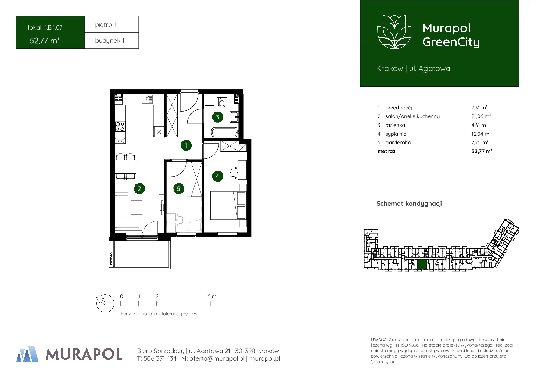 2 pokoje, mieszkanie 52,77 m², piętro 1, oferta nr 1.B.1.07, Murapol GreenCity, Kraków, Bieżanów-Prokocim, Osiedle Złocień, ul. Agatowa