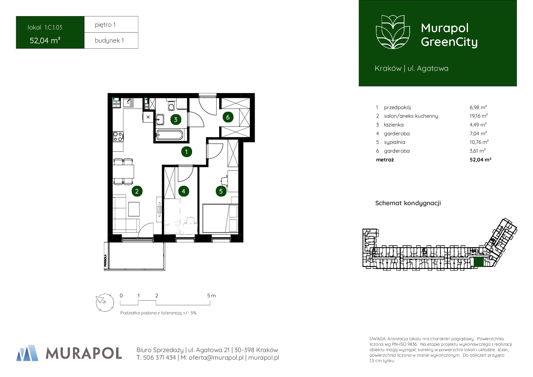 2 pokoje, mieszkanie 52,04 m², piętro 1, oferta nr 1.C.1.03, Murapol GreenCity, Kraków, Bieżanów-Prokocim, Osiedle Złocień, ul. Agatowa