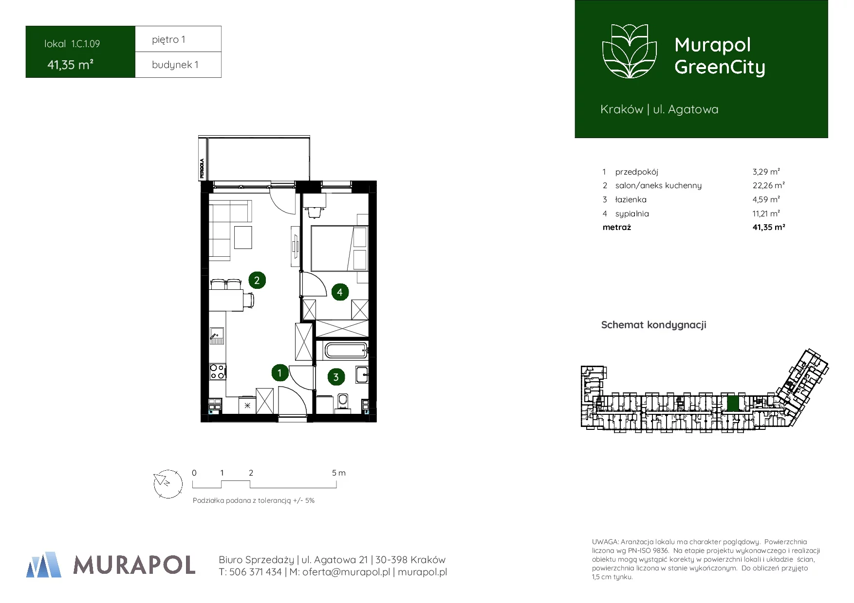 2 pokoje, mieszkanie 41,35 m², piętro 1, oferta nr 1.C.1.09, Murapol GreenCity, Kraków, Bieżanów-Prokocim, Osiedle Złocień, ul. Agatowa