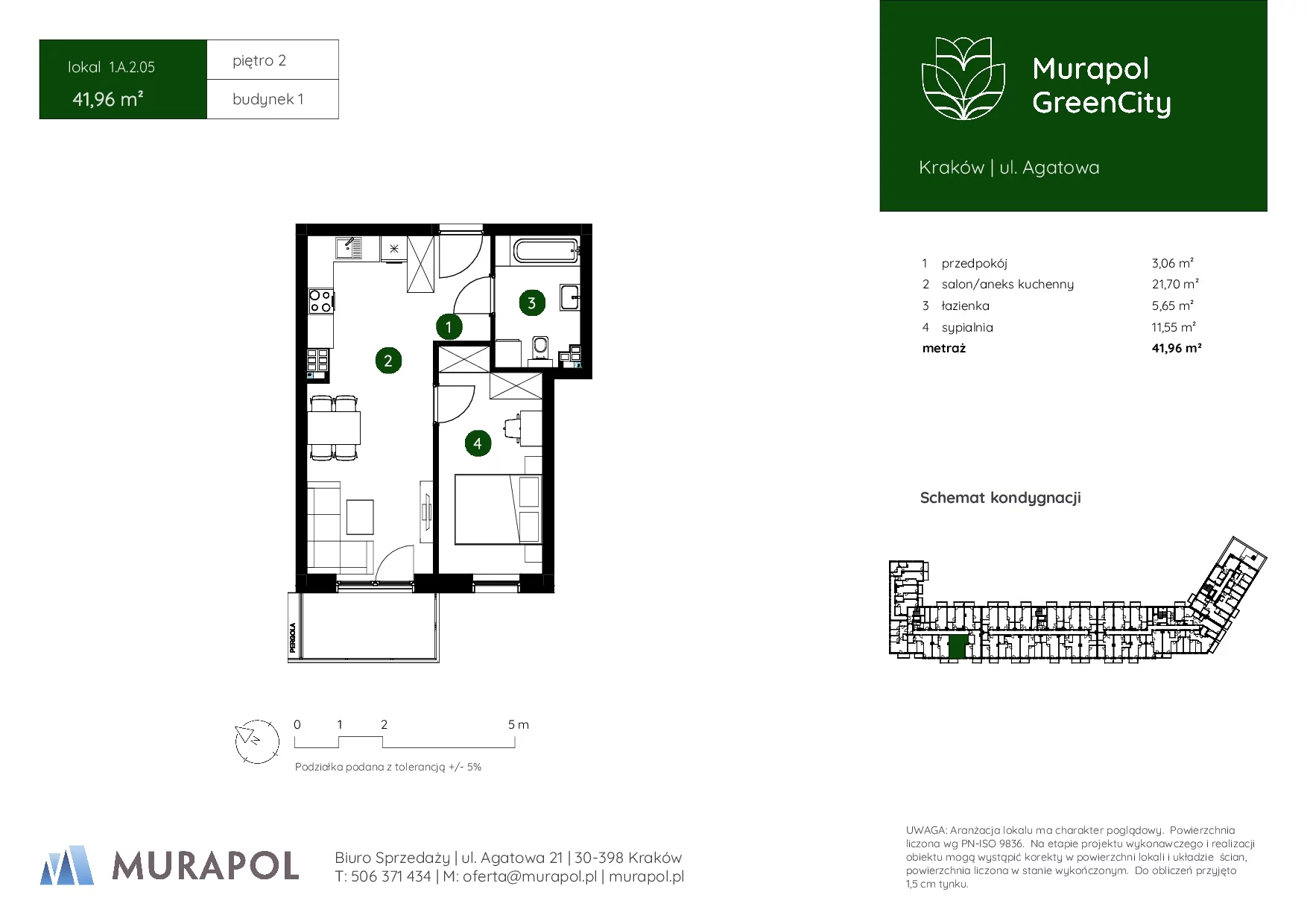 2 pokoje, mieszkanie 41,96 m², piętro 2, oferta nr 1.A.2.05, Murapol GreenCity, Kraków, Bieżanów-Prokocim, Osiedle Złocień, ul. Agatowa