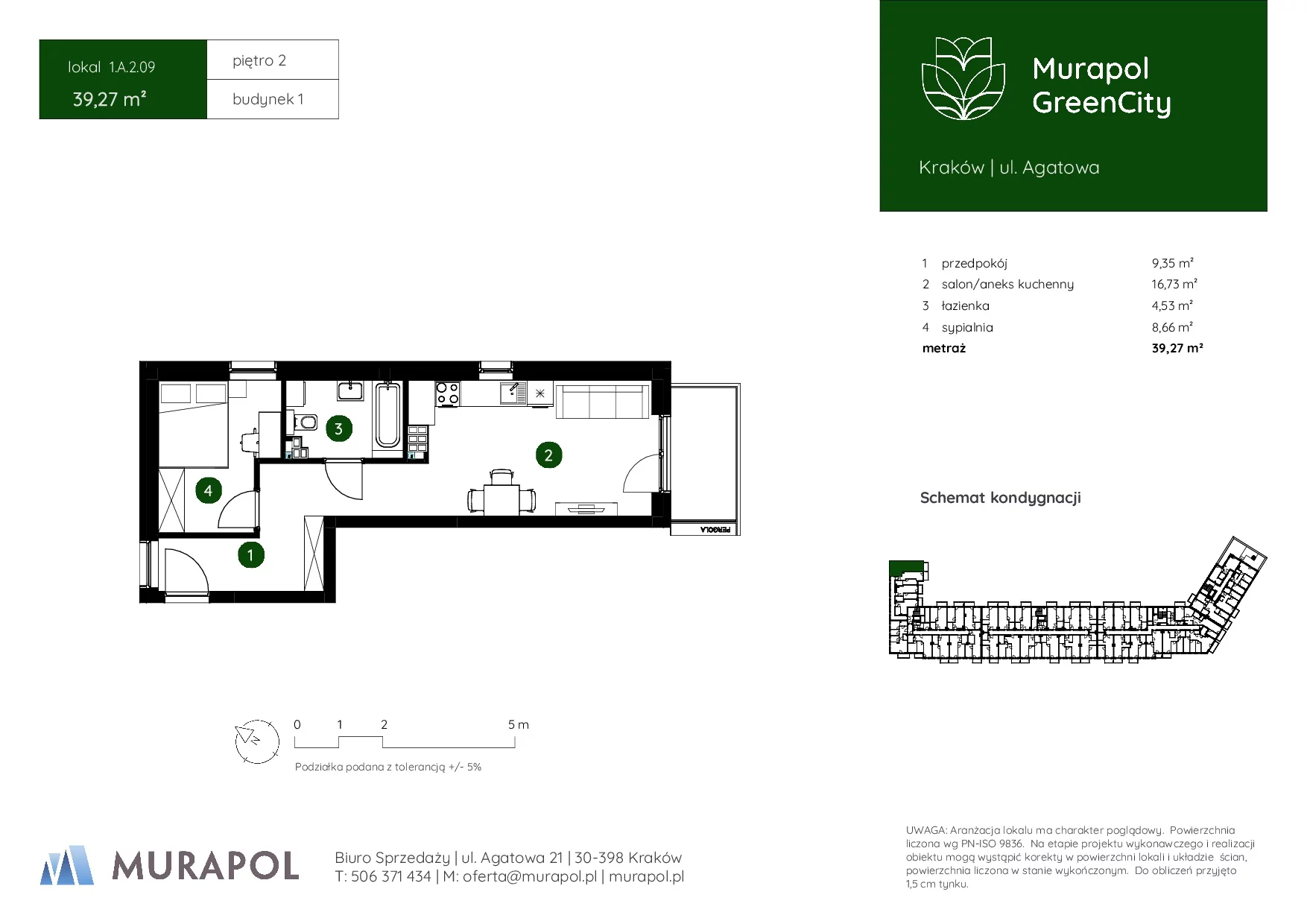 2 pokoje, mieszkanie 39,27 m², piętro 2, oferta nr 1.A.2.09, Murapol GreenCity, Kraków, Bieżanów-Prokocim, Osiedle Złocień, ul. Agatowa