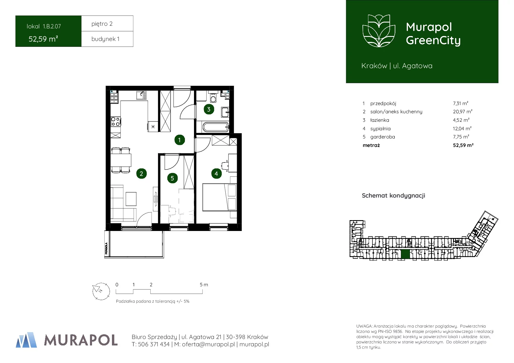 2 pokoje, mieszkanie 52,59 m², piętro 2, oferta nr 1.B.2.07, Murapol GreenCity, Kraków, Bieżanów-Prokocim, Osiedle Złocień, ul. Agatowa