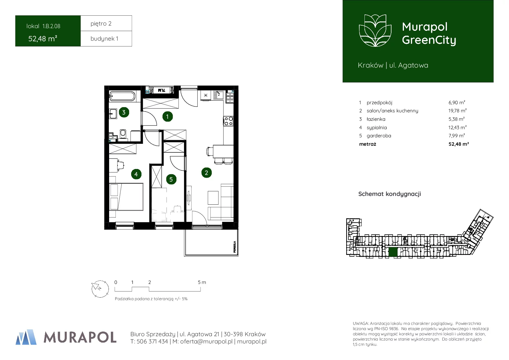 2 pokoje, mieszkanie 52,48 m², piętro 2, oferta nr 1.B.2.08, Murapol GreenCity, Kraków, Bieżanów-Prokocim, Osiedle Złocień, ul. Agatowa