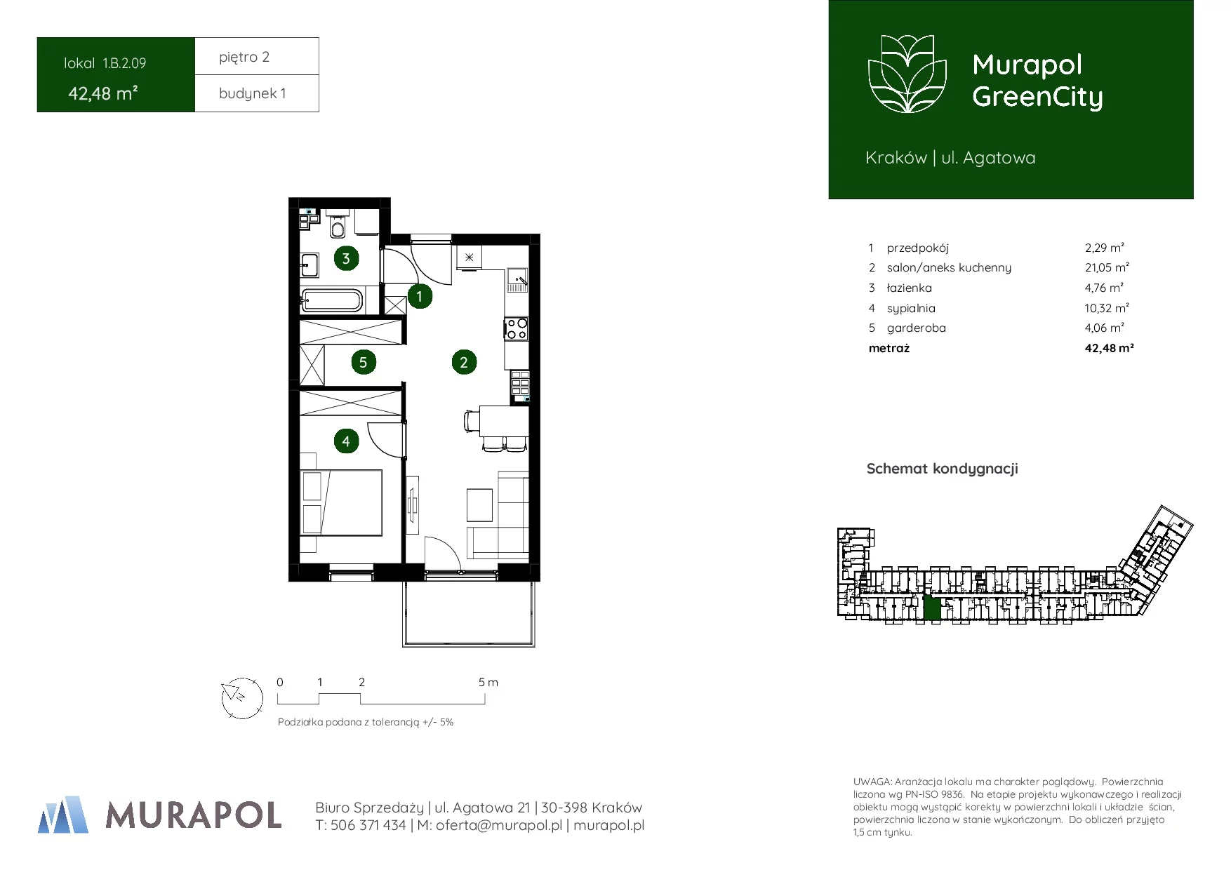 2 pokoje, mieszkanie 42,48 m², piętro 2, oferta nr 1.B.2.09, Murapol GreenCity, Kraków, Bieżanów-Prokocim, Osiedle Złocień, ul. Agatowa