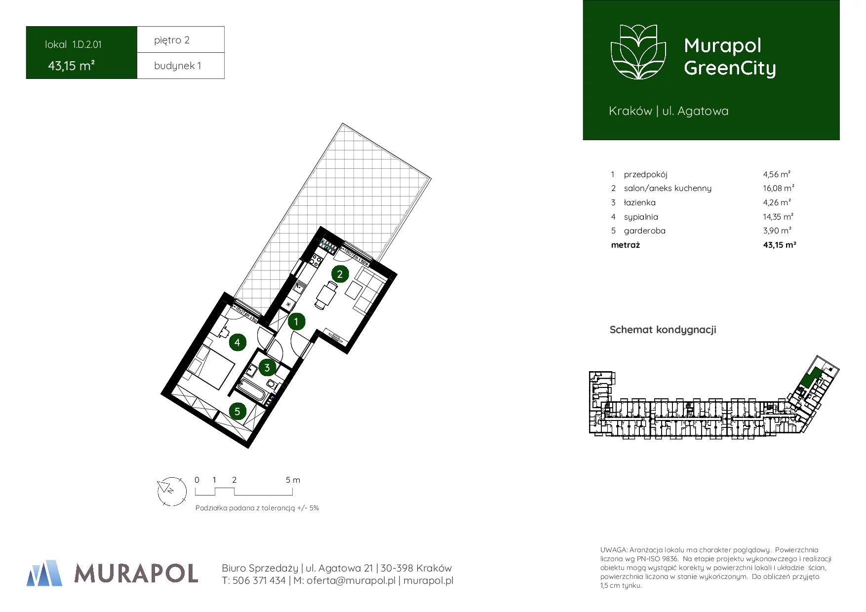 2 pokoje, mieszkanie 43,15 m², piętro 2, oferta nr 1.D.2.01, Murapol GreenCity, Kraków, Bieżanów-Prokocim, Osiedle Złocień, ul. Agatowa