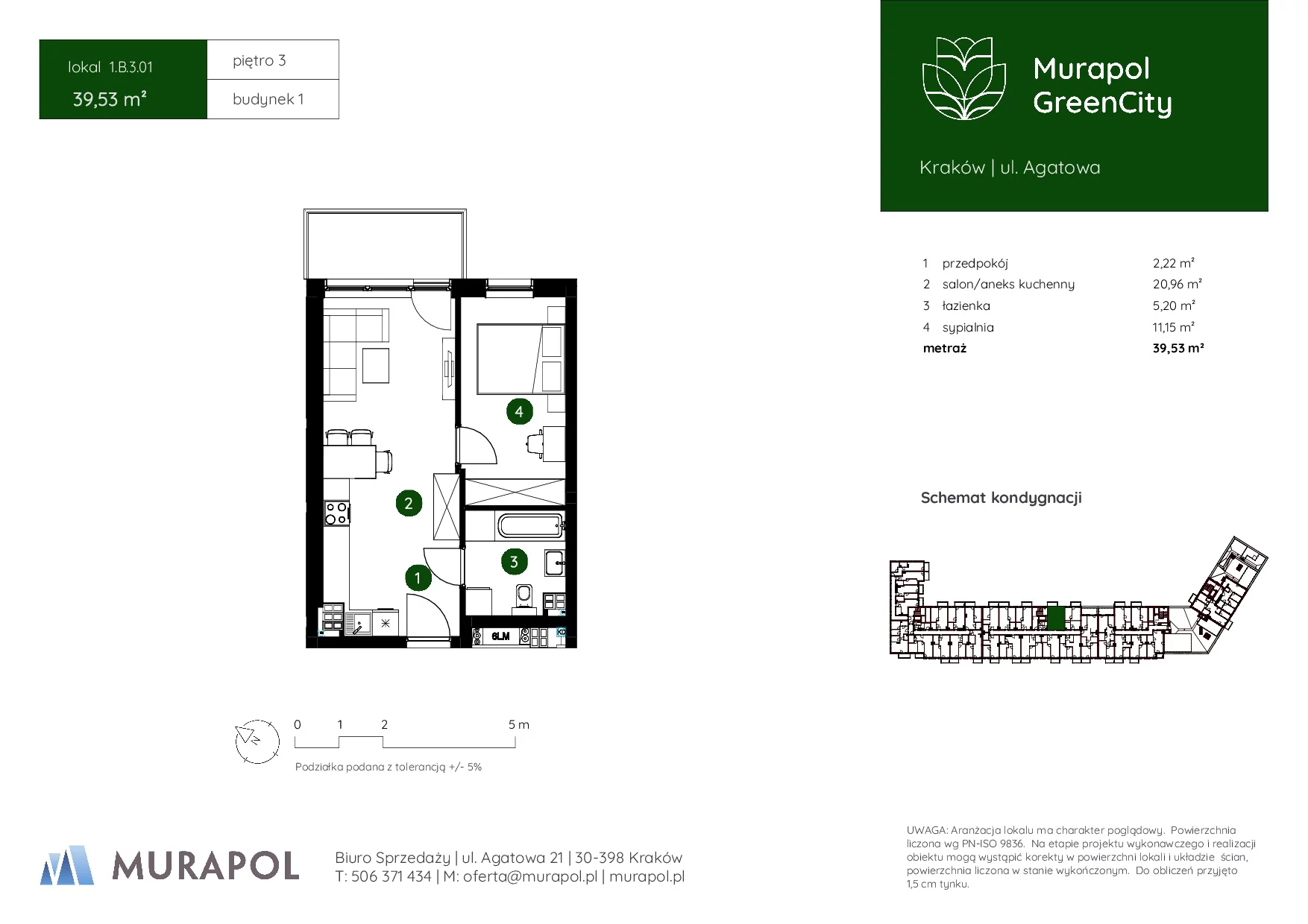 2 pokoje, mieszkanie 39,53 m², piętro 3, oferta nr 1.B.3.01, Murapol GreenCity, Kraków, Bieżanów-Prokocim, Osiedle Złocień, ul. Agatowa