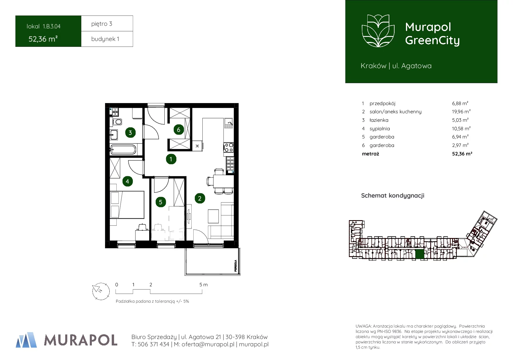 2 pokoje, mieszkanie 52,36 m², piętro 3, oferta nr 1.B.3.04, Murapol GreenCity, Kraków, Bieżanów-Prokocim, Osiedle Złocień, ul. Agatowa