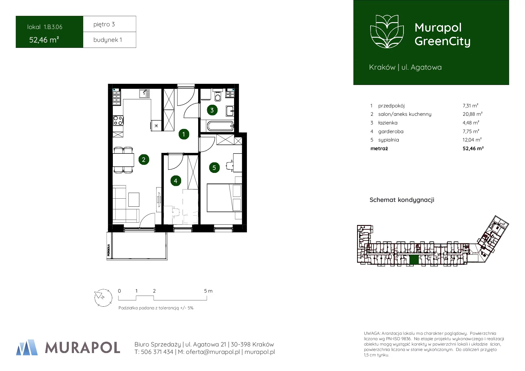 2 pokoje, mieszkanie 52,46 m², piętro 3, oferta nr 1.B.3.06, Murapol GreenCity, Kraków, Bieżanów-Prokocim, Osiedle Złocień, ul. Agatowa