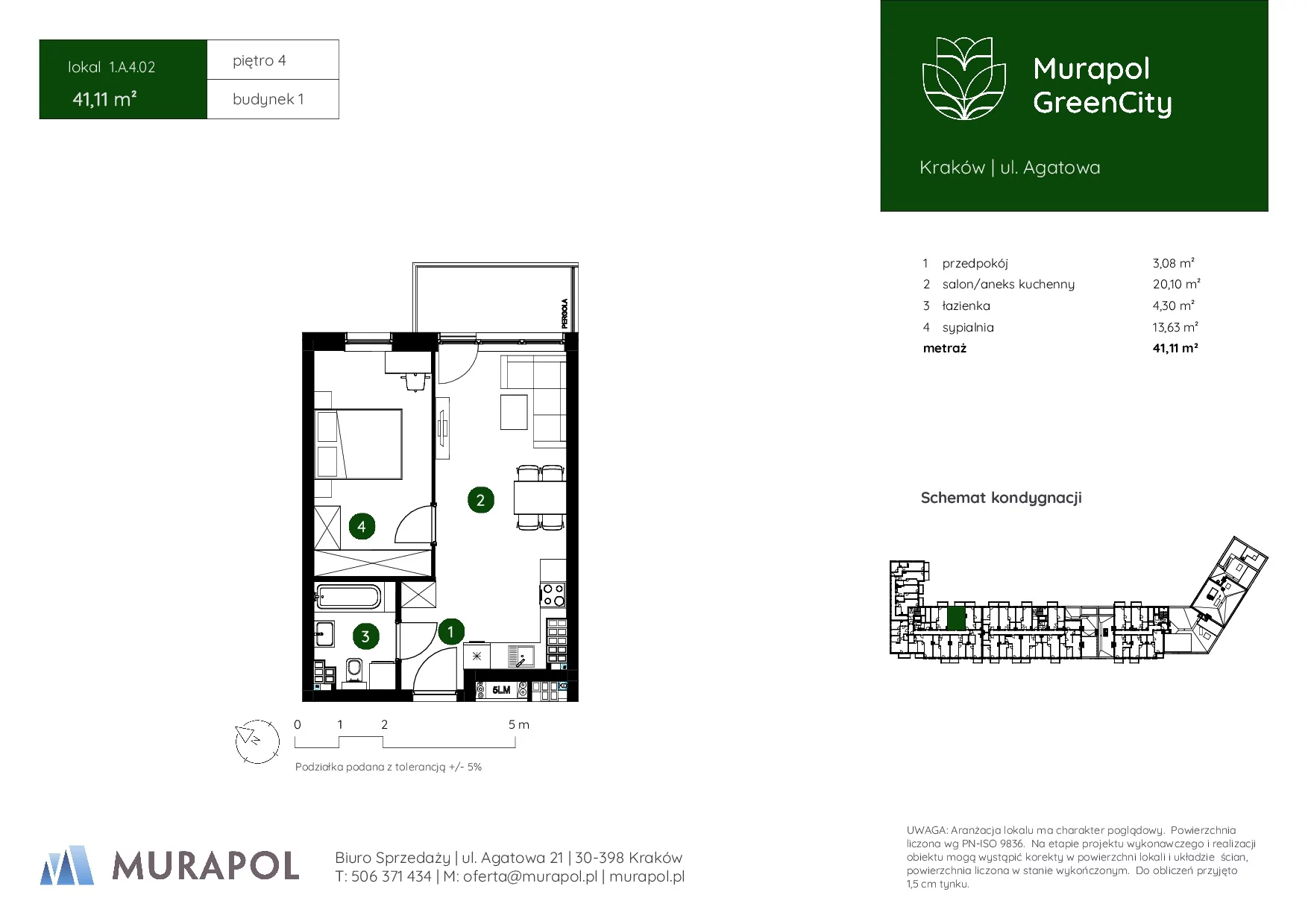 2 pokoje, mieszkanie 41,11 m², piętro 4, oferta nr 1.A.4.02, Murapol GreenCity, Kraków, Bieżanów-Prokocim, Osiedle Złocień, ul. Agatowa