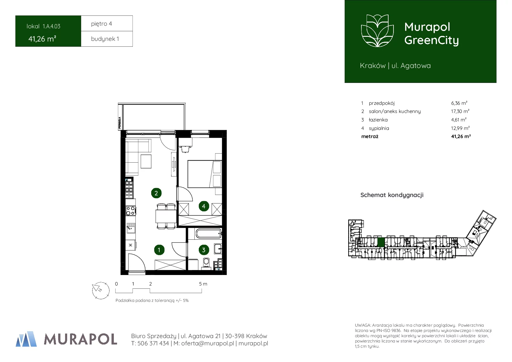 2 pokoje, mieszkanie 41,26 m², piętro 4, oferta nr 1.A.4.03, Murapol GreenCity, Kraków, Bieżanów-Prokocim, Osiedle Złocień, ul. Agatowa