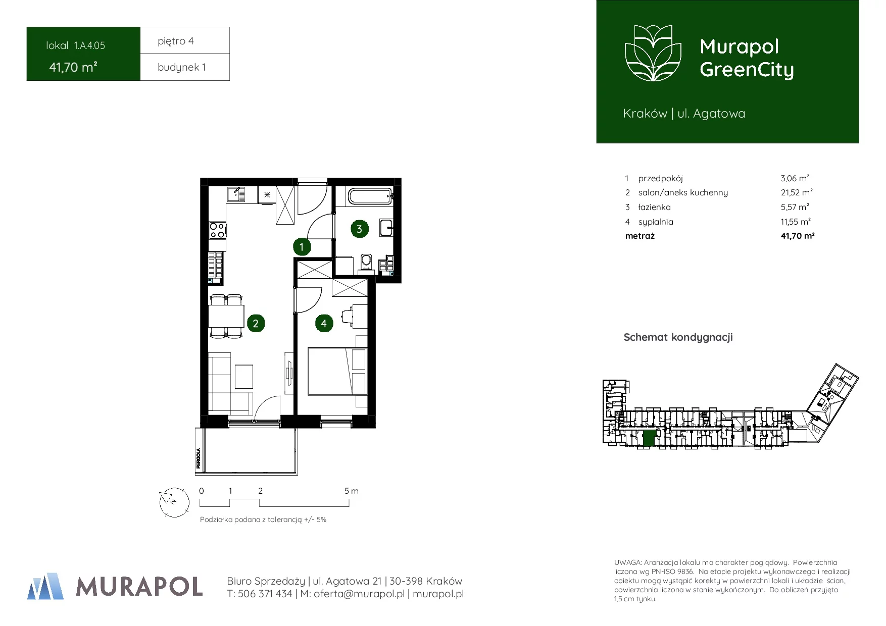 2 pokoje, mieszkanie 41,70 m², piętro 4, oferta nr 1.A.4.05, Murapol GreenCity, Kraków, Bieżanów-Prokocim, Osiedle Złocień, ul. Agatowa