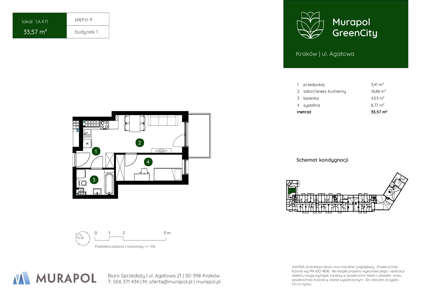 2 pokoje, mieszkanie 33,57 m², piętro 4, oferta nr 1.A.4.11, Murapol GreenCity, Kraków, Bieżanów-Prokocim, Osiedle Złocień, ul. Agatowa
