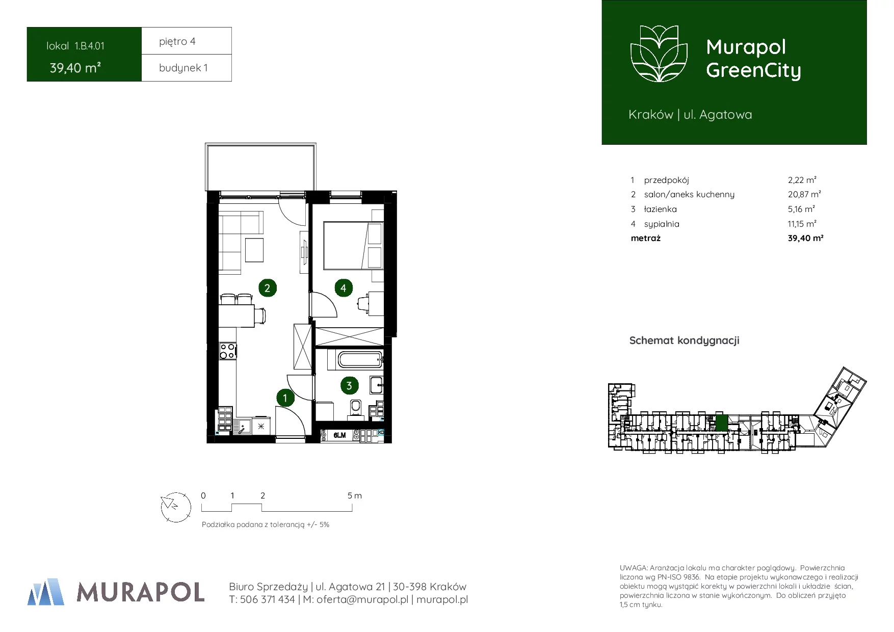 2 pokoje, mieszkanie 39,40 m², piętro 4, oferta nr 1.B.4.01, Murapol GreenCity, Kraków, Bieżanów-Prokocim, Osiedle Złocień, ul. Agatowa
