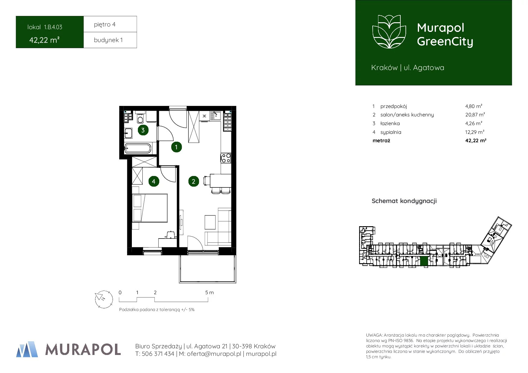 2 pokoje, mieszkanie 42,22 m², piętro 4, oferta nr 1.B.4.03, Murapol GreenCity, Kraków, Bieżanów-Prokocim, Osiedle Złocień, ul. Agatowa