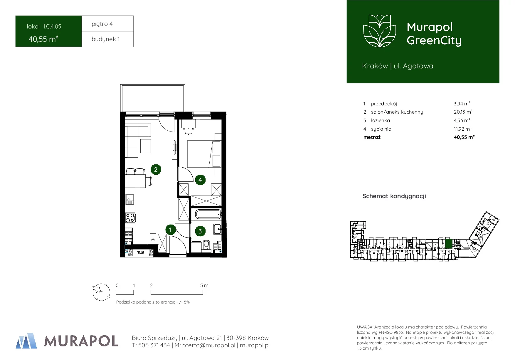 2 pokoje, mieszkanie 40,55 m², piętro 4, oferta nr 1.C.4.05, Murapol GreenCity, Kraków, Bieżanów-Prokocim, Osiedle Złocień, ul. Agatowa