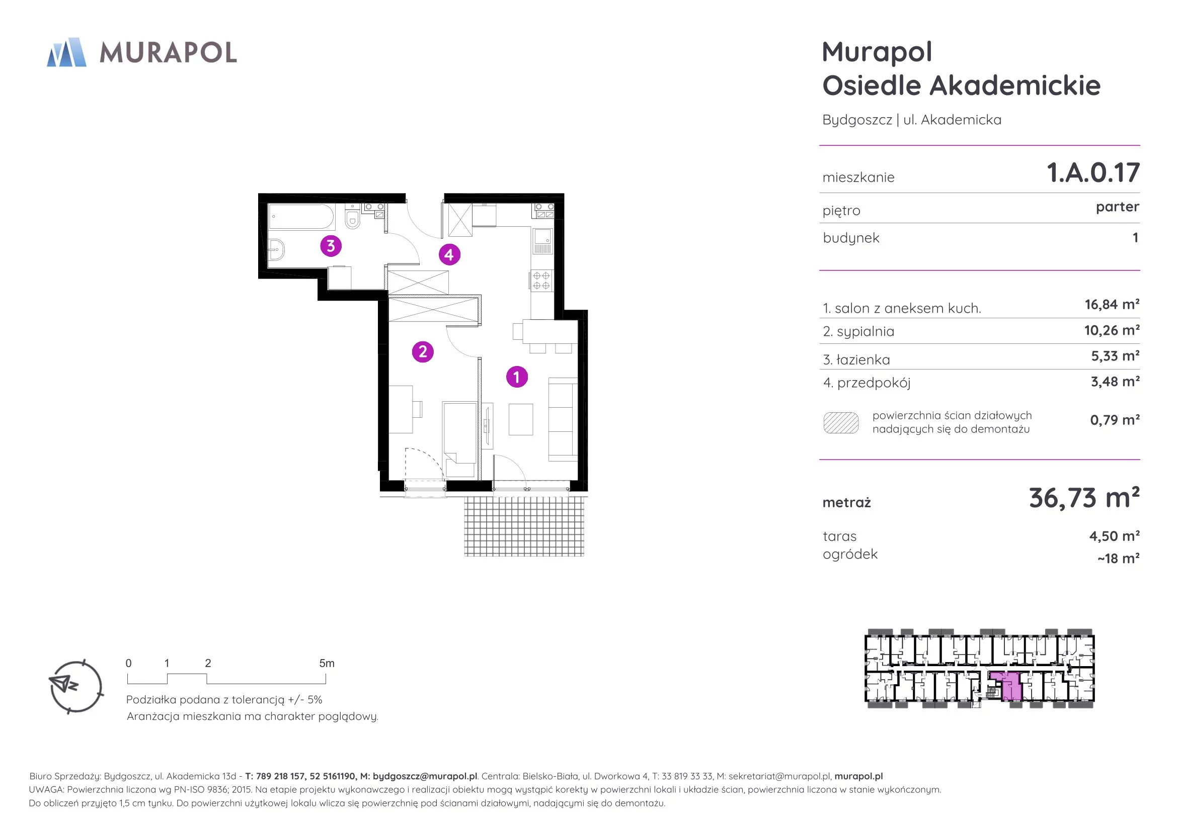 Mieszkanie 36,73 m², parter, oferta nr 1.A.0.17, Murapol Osiedle Akademickie, Bydgoszcz, Nowy Fordon, ul. Akademicka