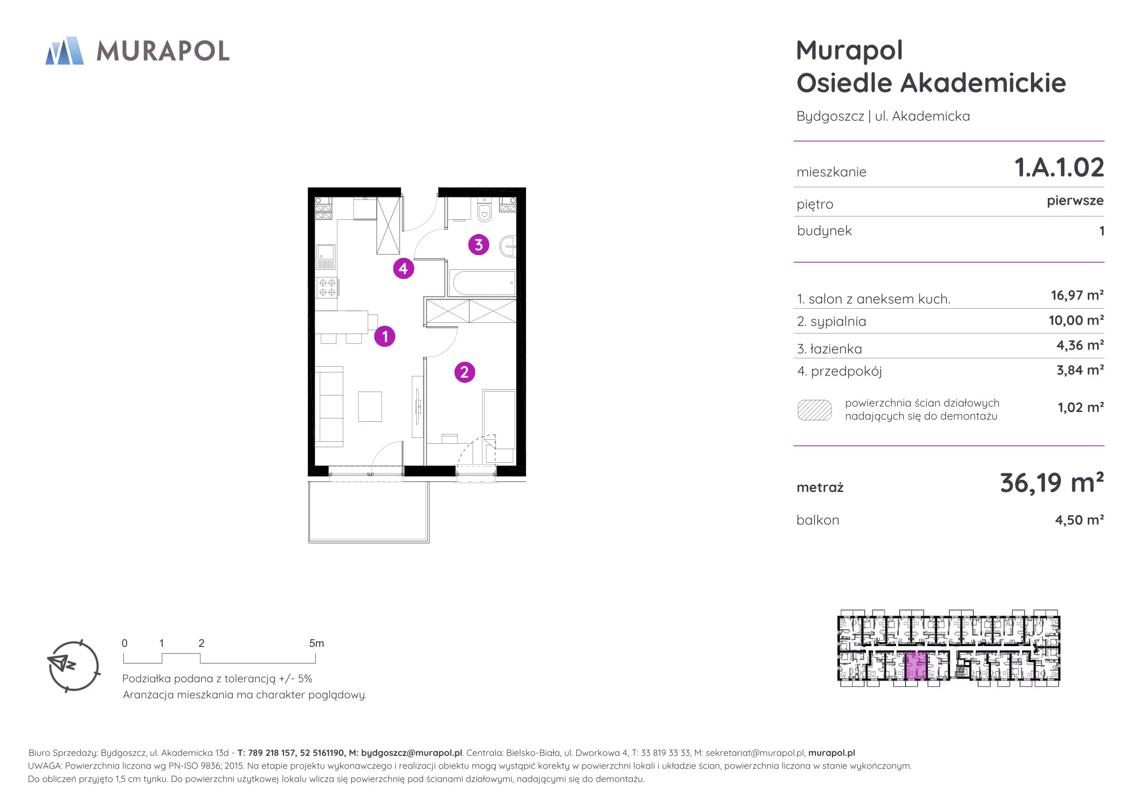 Mieszkanie 36,19 m², piętro 1, oferta nr 1.A.1.02, Murapol Osiedle Akademickie, Bydgoszcz, Nowy Fordon, ul. Akademicka