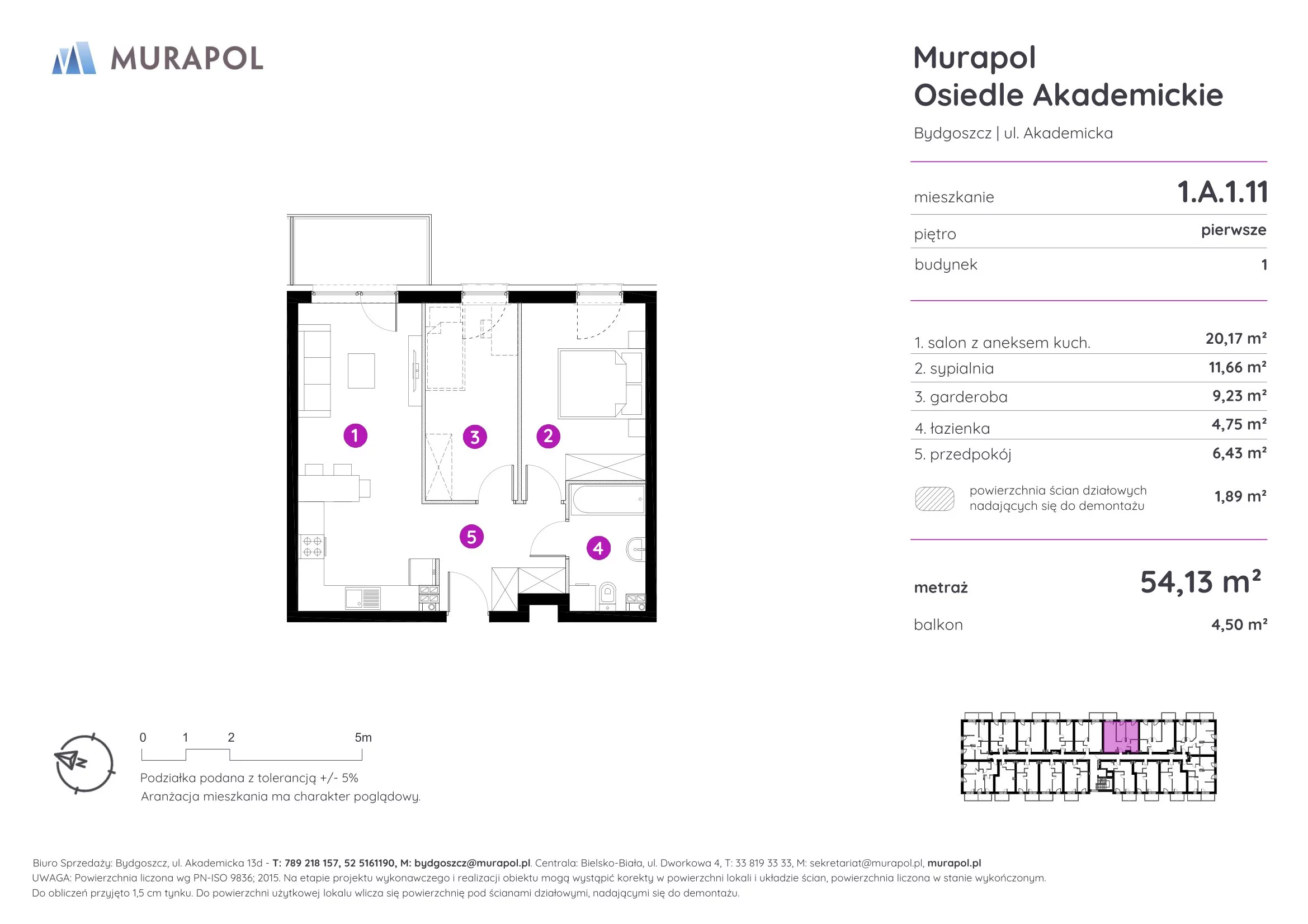 Mieszkanie 54,13 m², piętro 1, oferta nr 1.A.1.11, Murapol Osiedle Akademickie - Gotowe mieszkania, Bydgoszcz, Nowy Fordon, ul. Akademicka