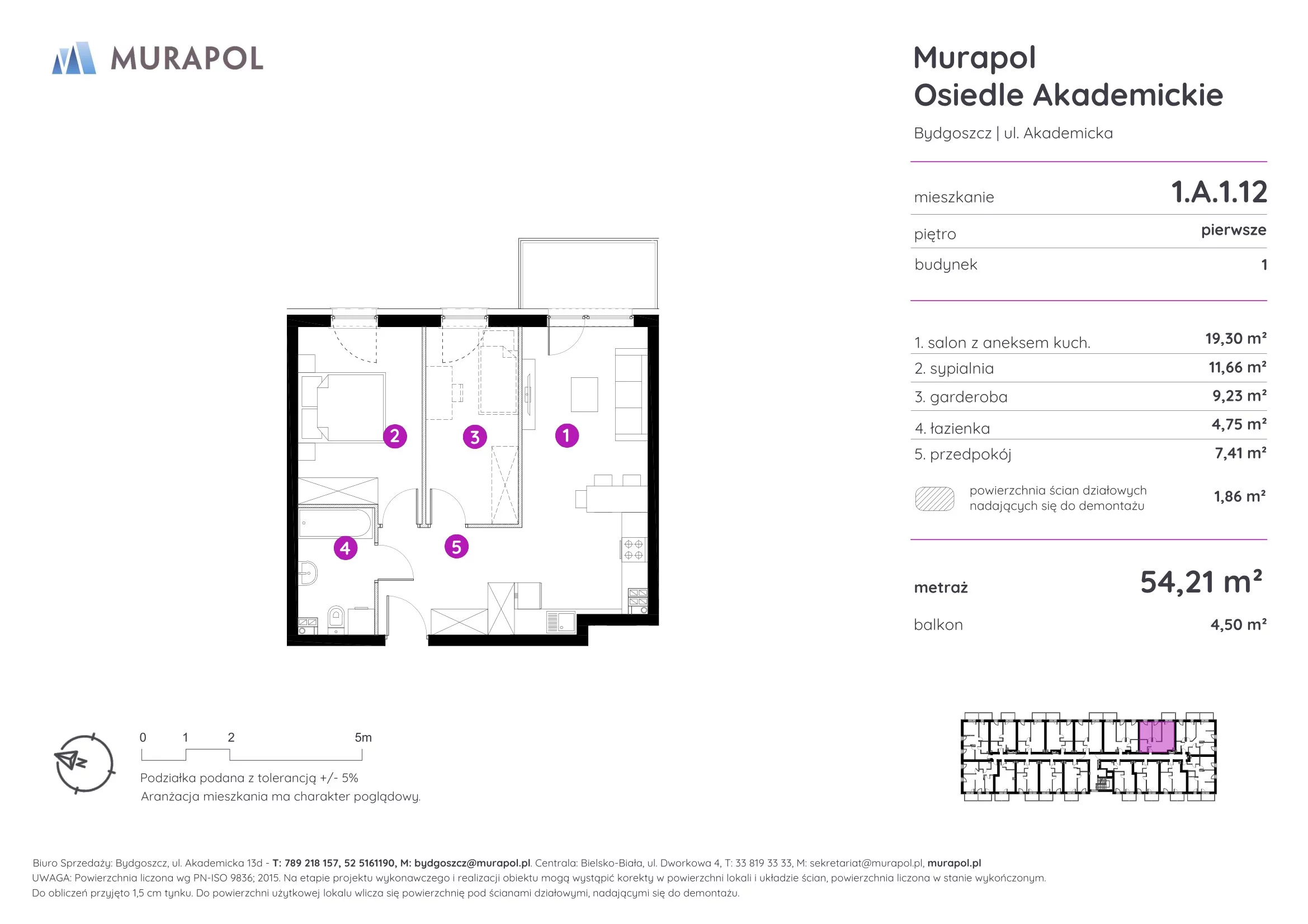 Mieszkanie 54,21 m², piętro 1, oferta nr 1.A.1.12, Murapol Osiedle Akademickie - Gotowe mieszkania, Bydgoszcz, Nowy Fordon, ul. Akademicka