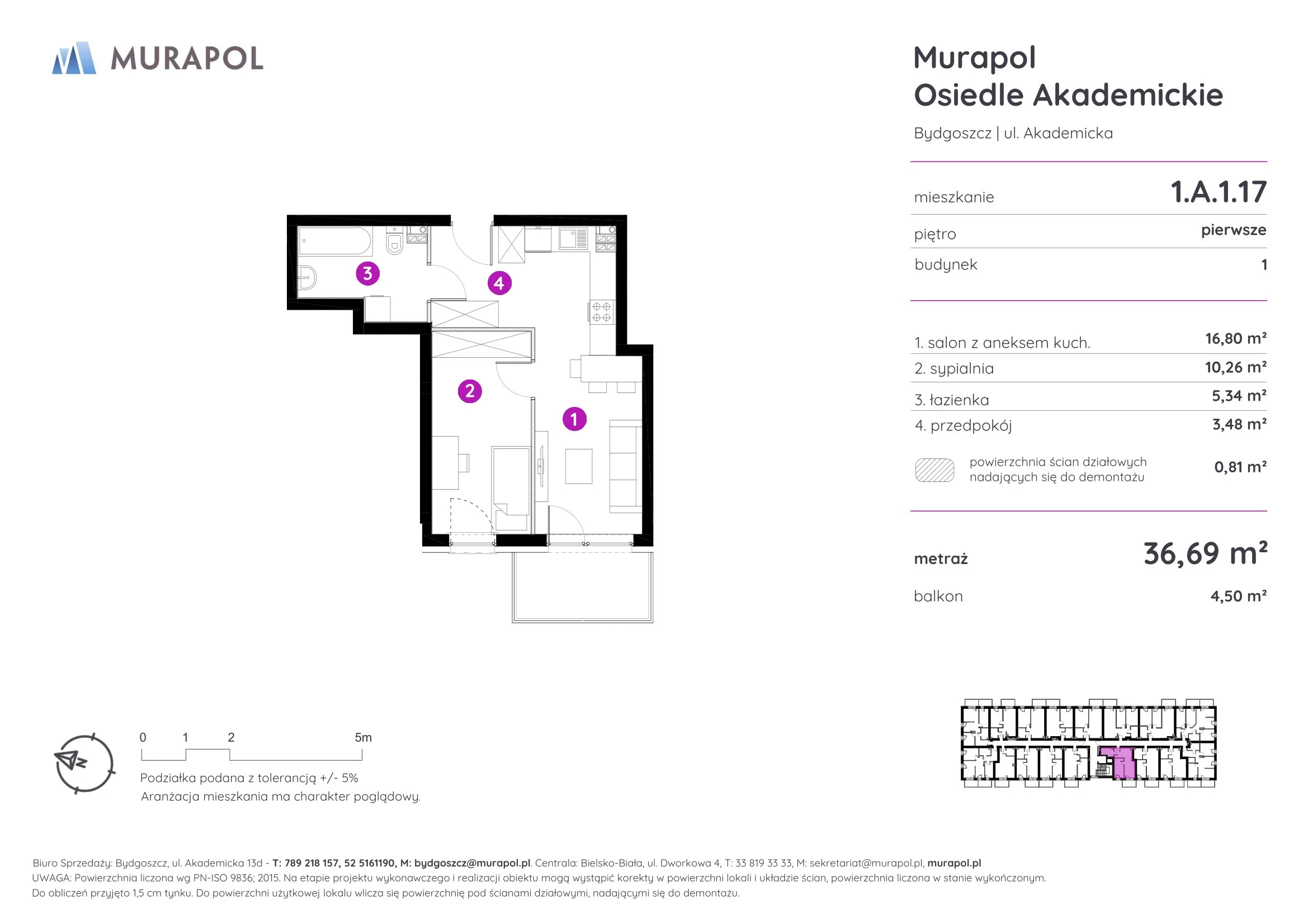 Mieszkanie 36,69 m², piętro 1, oferta nr 1.A.1.17, Murapol Osiedle Akademickie, Bydgoszcz, Nowy Fordon, ul. Akademicka