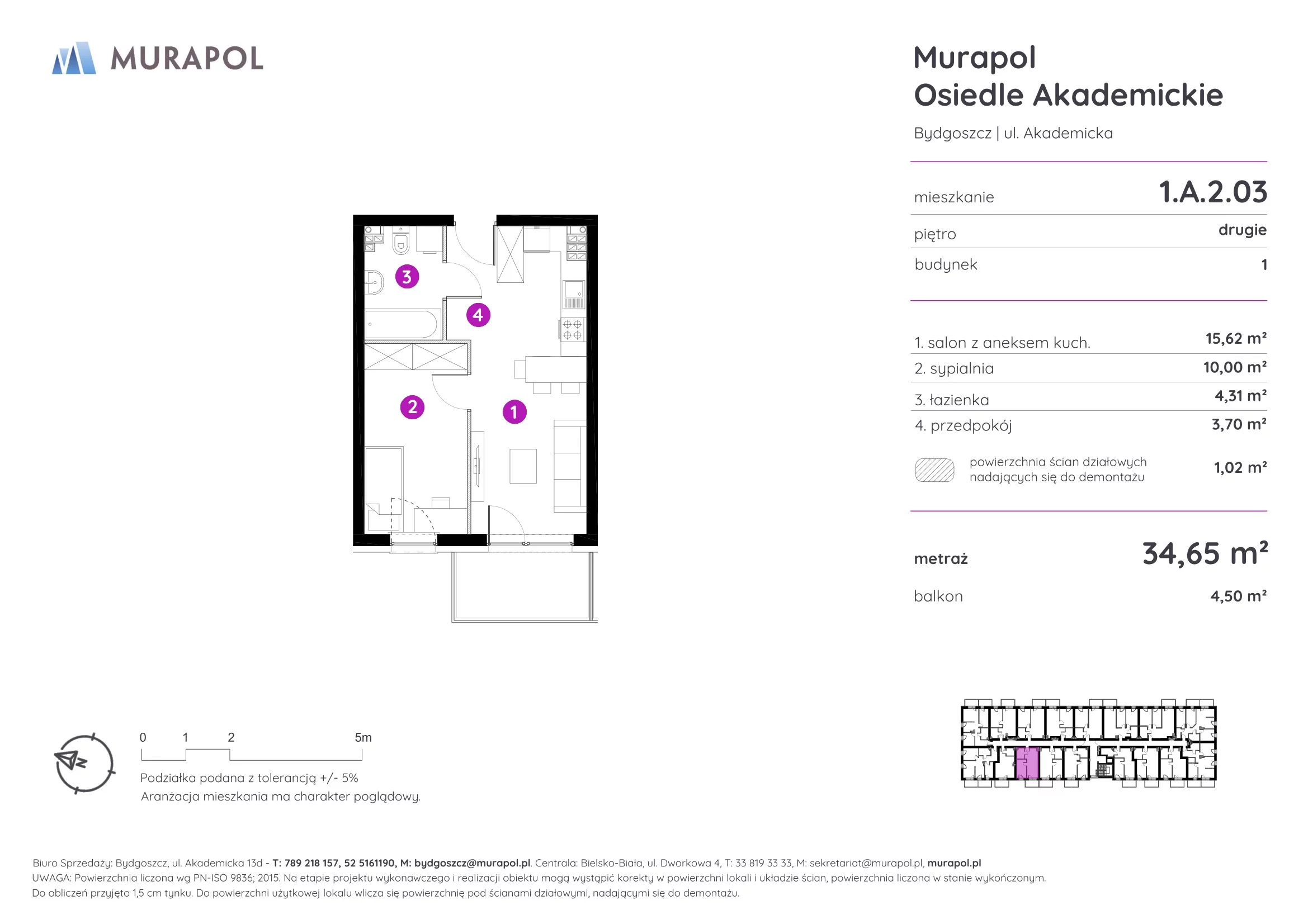 Mieszkanie 34,65 m², piętro 2, oferta nr 1.A.2.03, Murapol Osiedle Akademickie, Bydgoszcz, Nowy Fordon, ul. Akademicka