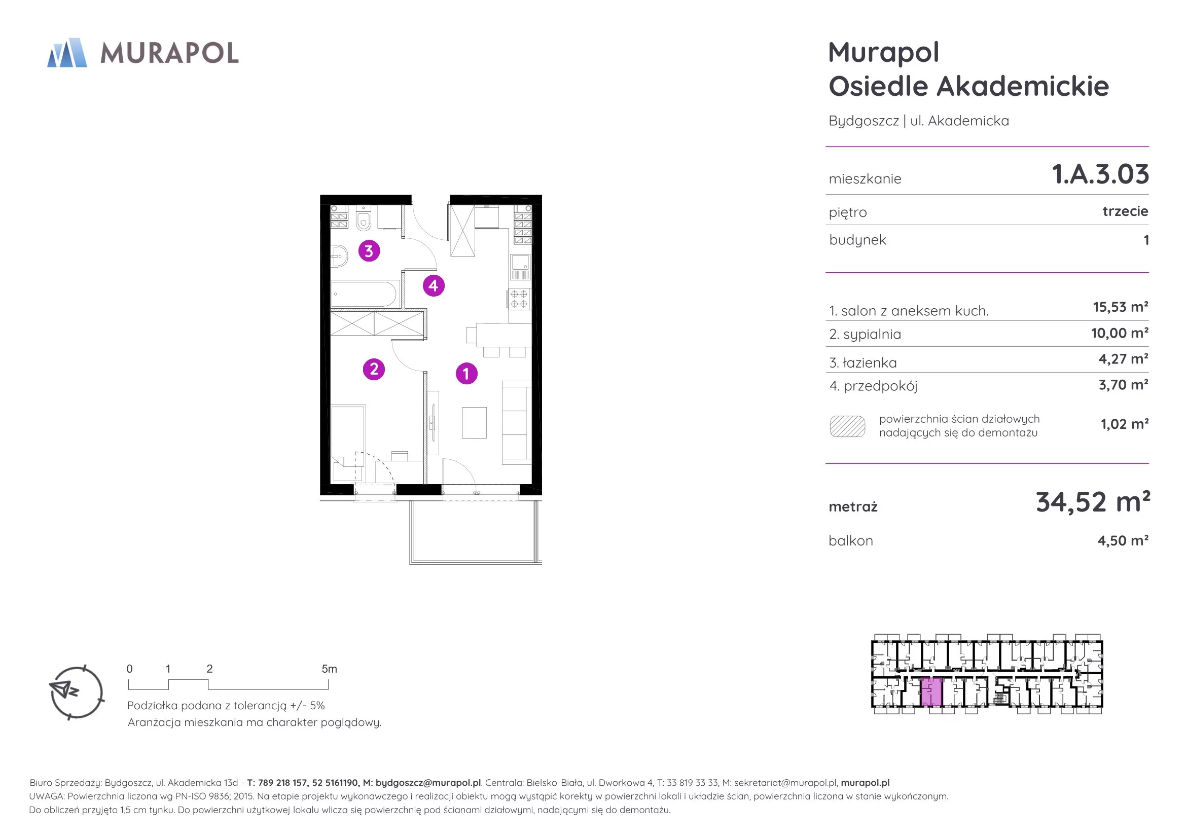 Mieszkanie 34,52 m², piętro 3, oferta nr 1.A.3.03, Murapol Osiedle Akademickie, Bydgoszcz, Nowy Fordon, ul. Akademicka