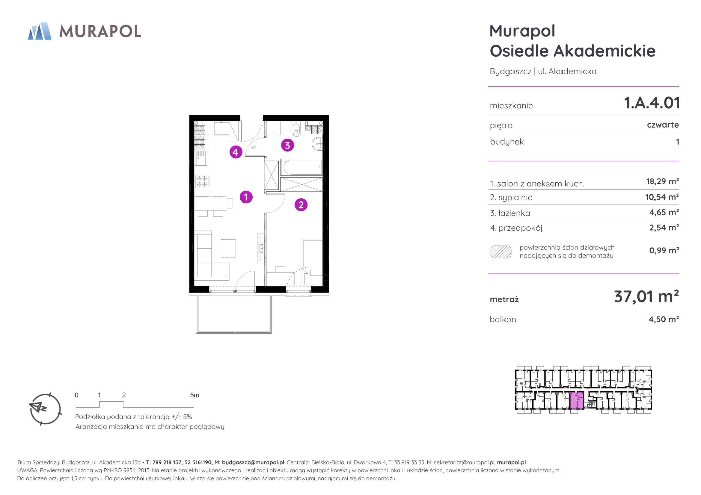 Mieszkanie 37,01 m², piętro 4, oferta nr 1.A.4.01, Murapol Osiedle Akademickie, Bydgoszcz, Nowy Fordon, ul. Akademicka