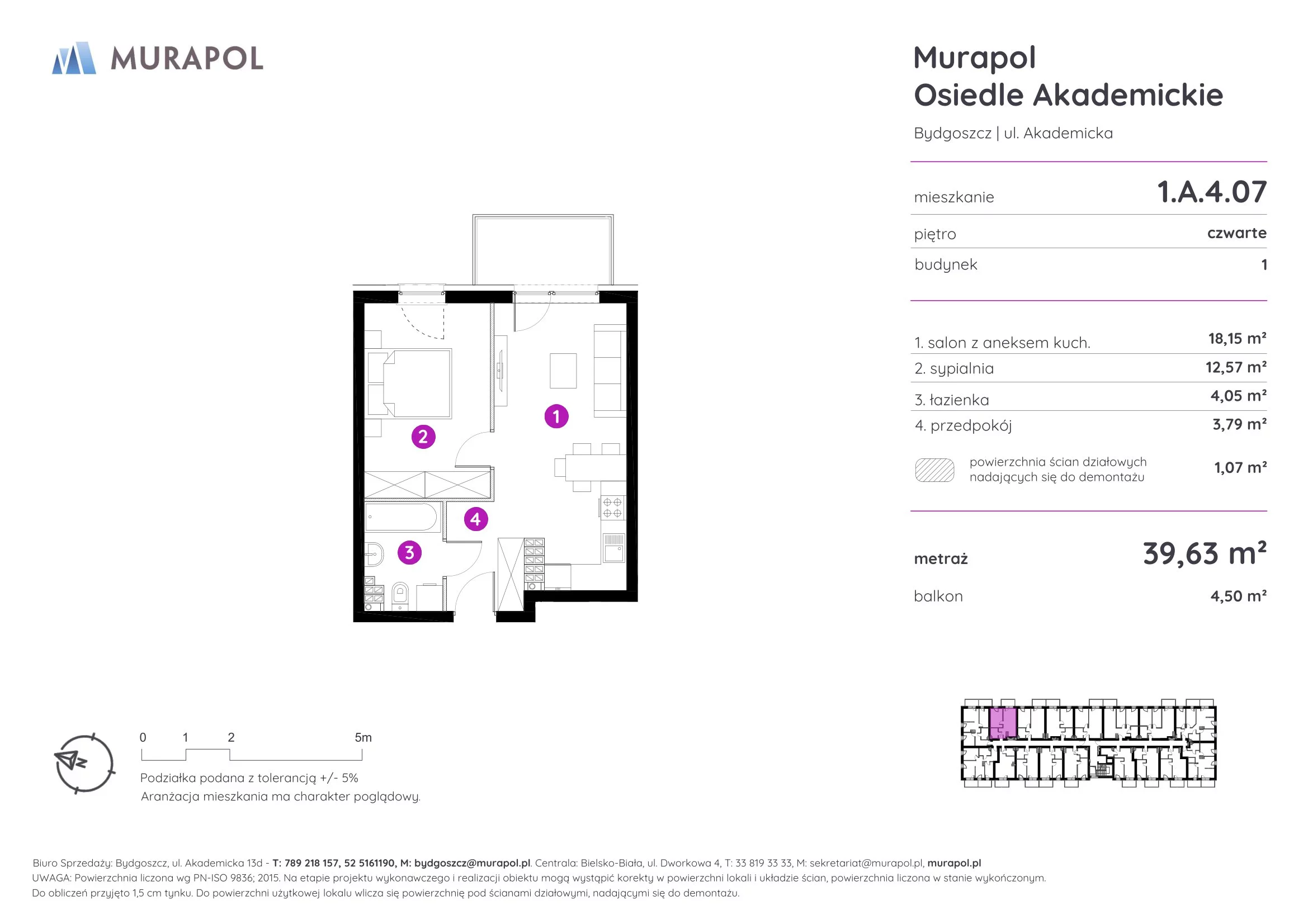 Mieszkanie 39,63 m², piętro 4, oferta nr 1.A.4.07, Murapol Osiedle Akademickie - Gotowe mieszkania, Bydgoszcz, Nowy Fordon, ul. Akademicka