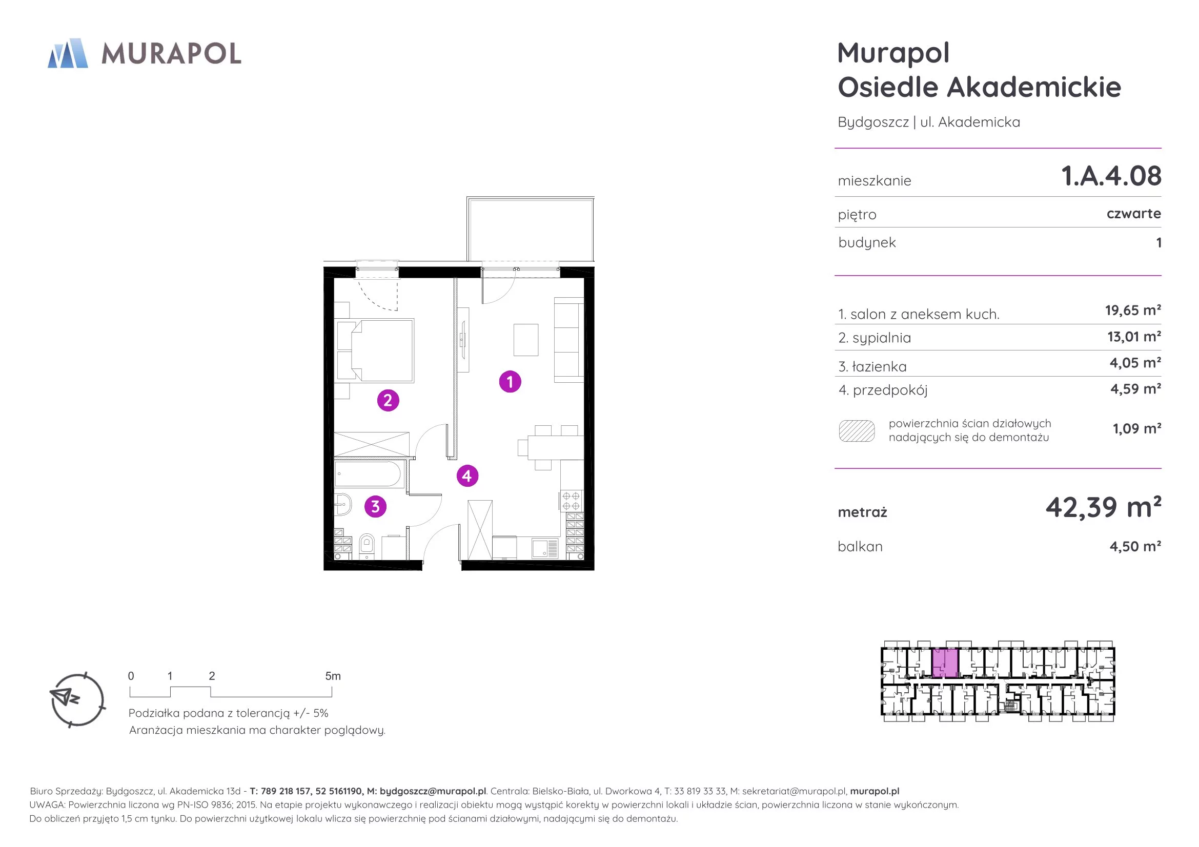 Mieszkanie 42,39 m², piętro 4, oferta nr 1.A.4.08, Murapol Osiedle Akademickie - Gotowe mieszkania, Bydgoszcz, Nowy Fordon, ul. Akademicka