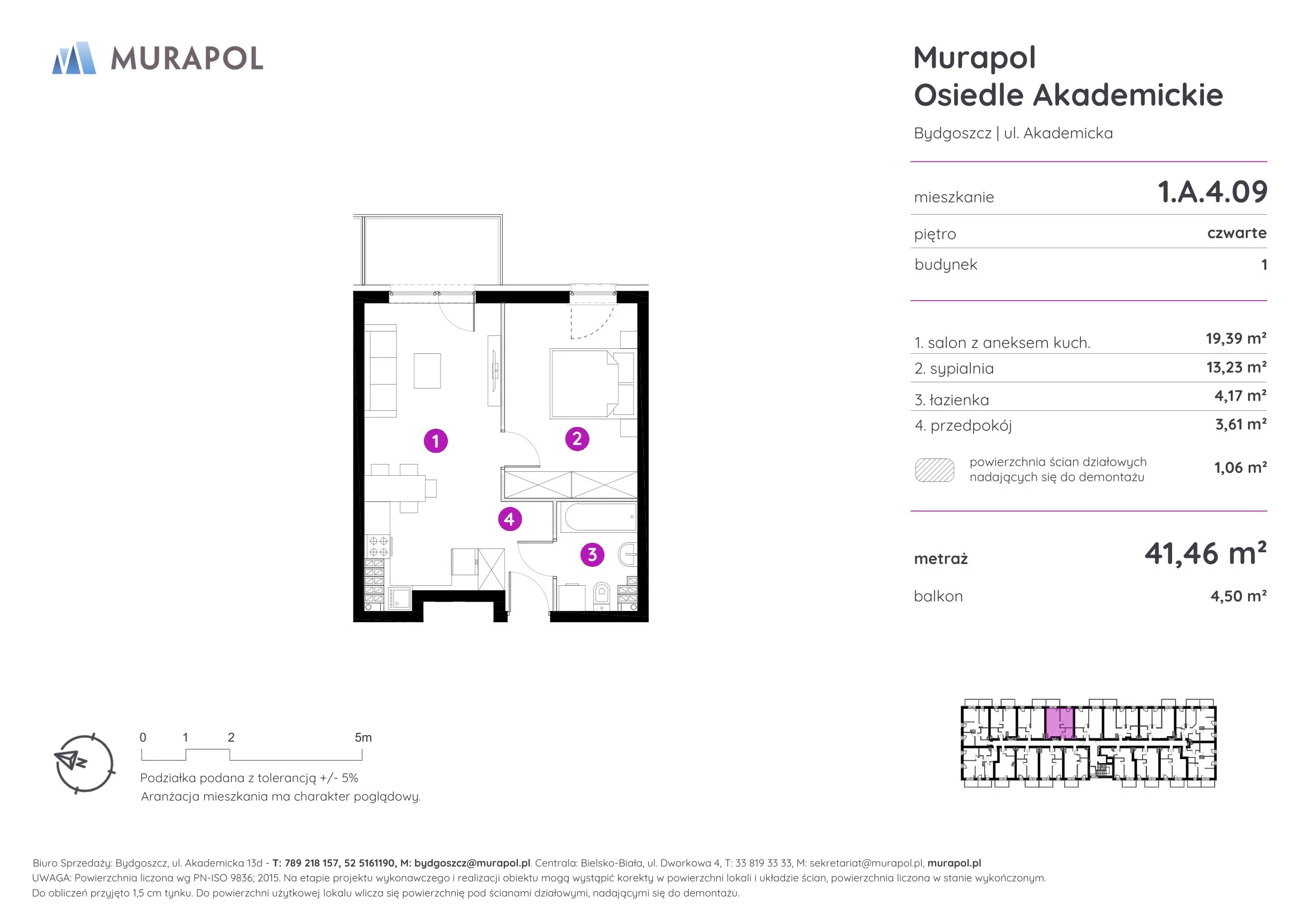 Mieszkanie 41,46 m², piętro 4, oferta nr 1.A.4.09, Murapol Osiedle Akademickie - Gotowe mieszkania, Bydgoszcz, Nowy Fordon, ul. Akademicka