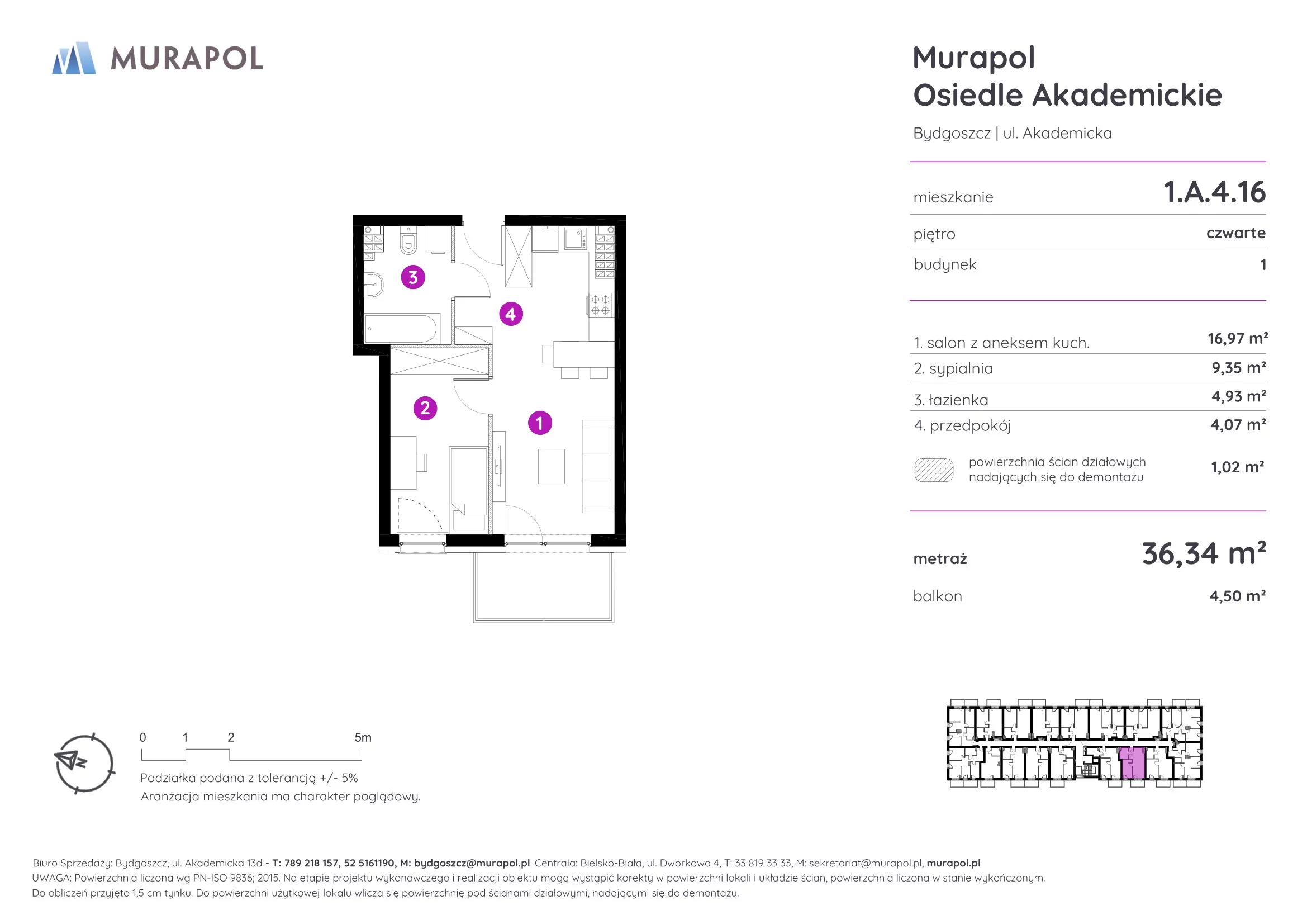 Mieszkanie 36,34 m², piętro 4, oferta nr 1.A.4.16, Murapol Osiedle Akademickie, Bydgoszcz, Nowy Fordon, ul. Akademicka