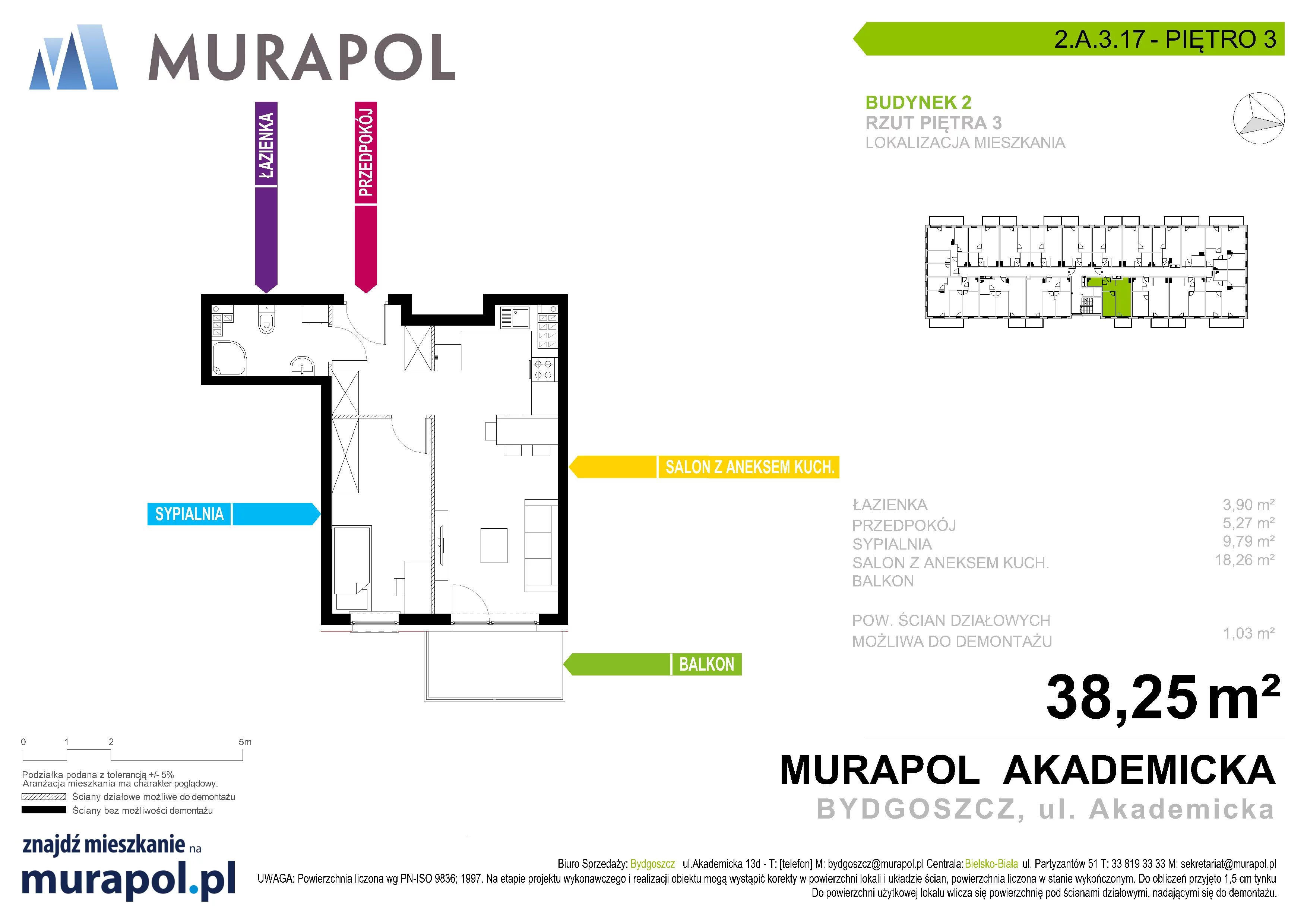 Mieszkanie 38,25 m², piętro 3, oferta nr 2.A.3.17, Murapol Osiedle Akademickie - Gotowe mieszkania, Bydgoszcz, Nowy Fordon, ul. Akademicka