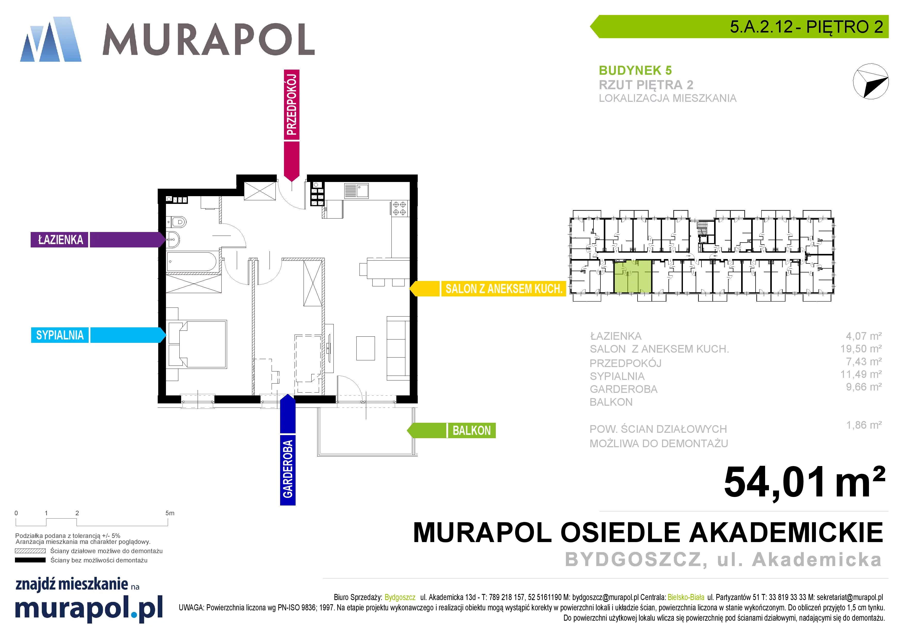 Mieszkanie 54,01 m², piętro 2, oferta nr 5.A.2.12, Murapol Osiedle Akademickie - Gotowe mieszkania, Bydgoszcz, Nowy Fordon, ul. Akademicka