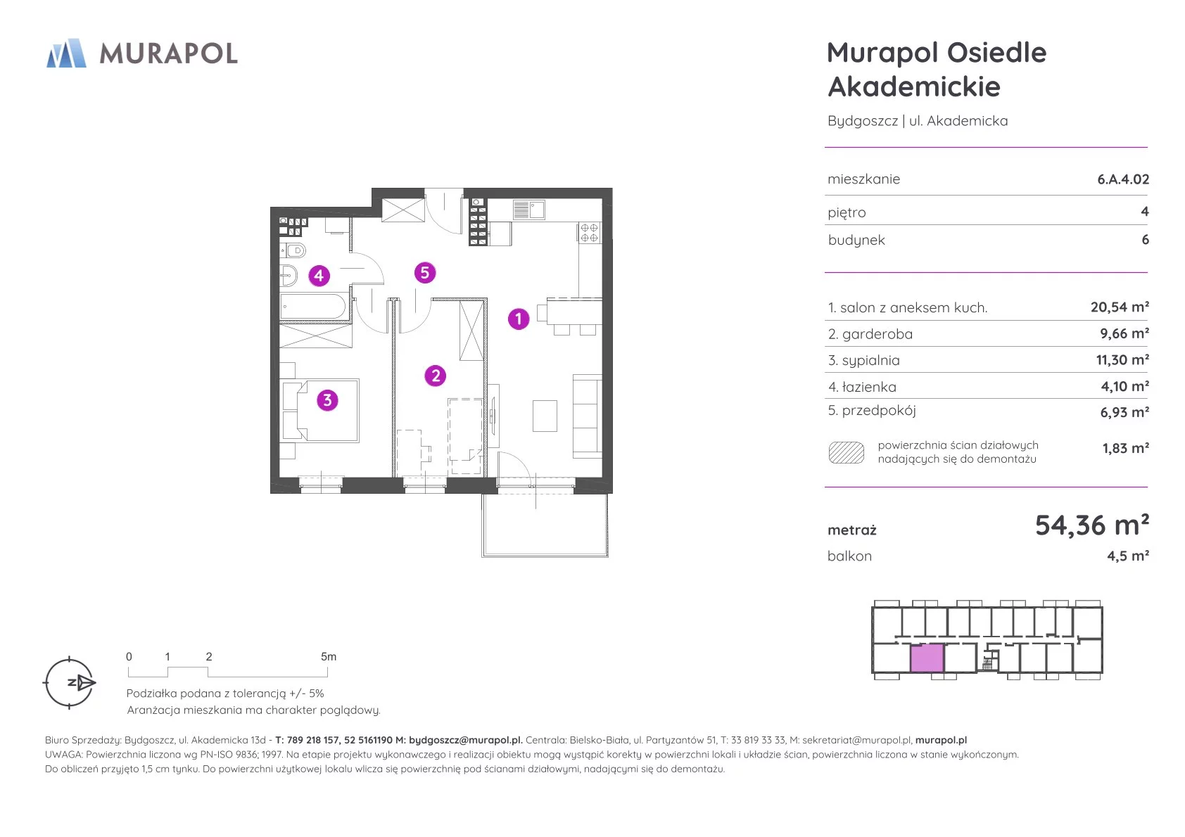 Mieszkanie 54,36 m², piętro 4, oferta nr 6.A.4.02, Murapol Osiedle Akademickie - Gotowe mieszkania, Bydgoszcz, Nowy Fordon, ul. Akademicka