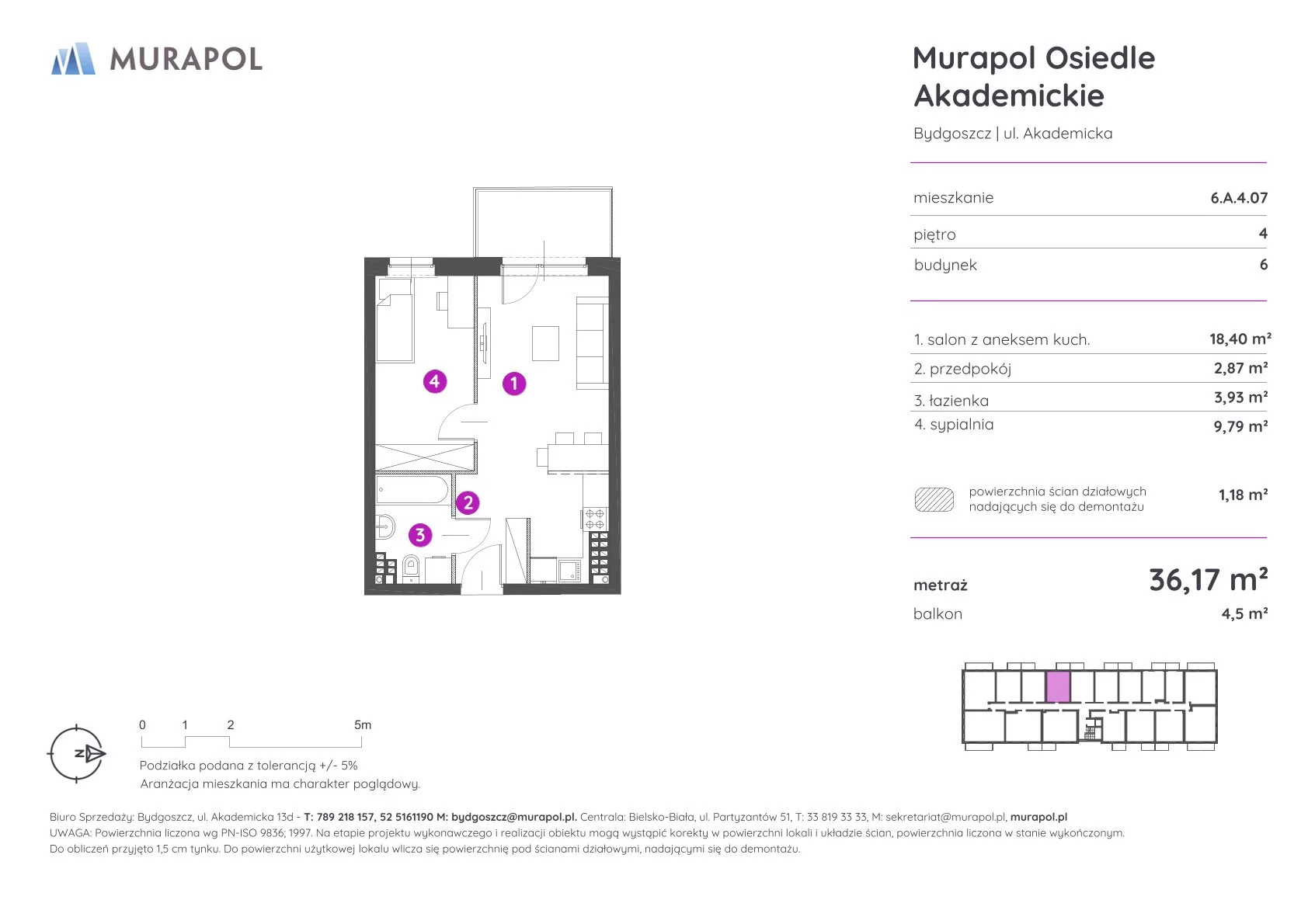 Mieszkanie 36,17 m², piętro 4, oferta nr 6.A.4.07, Murapol Osiedle Akademickie, Bydgoszcz, Nowy Fordon, ul. Akademicka