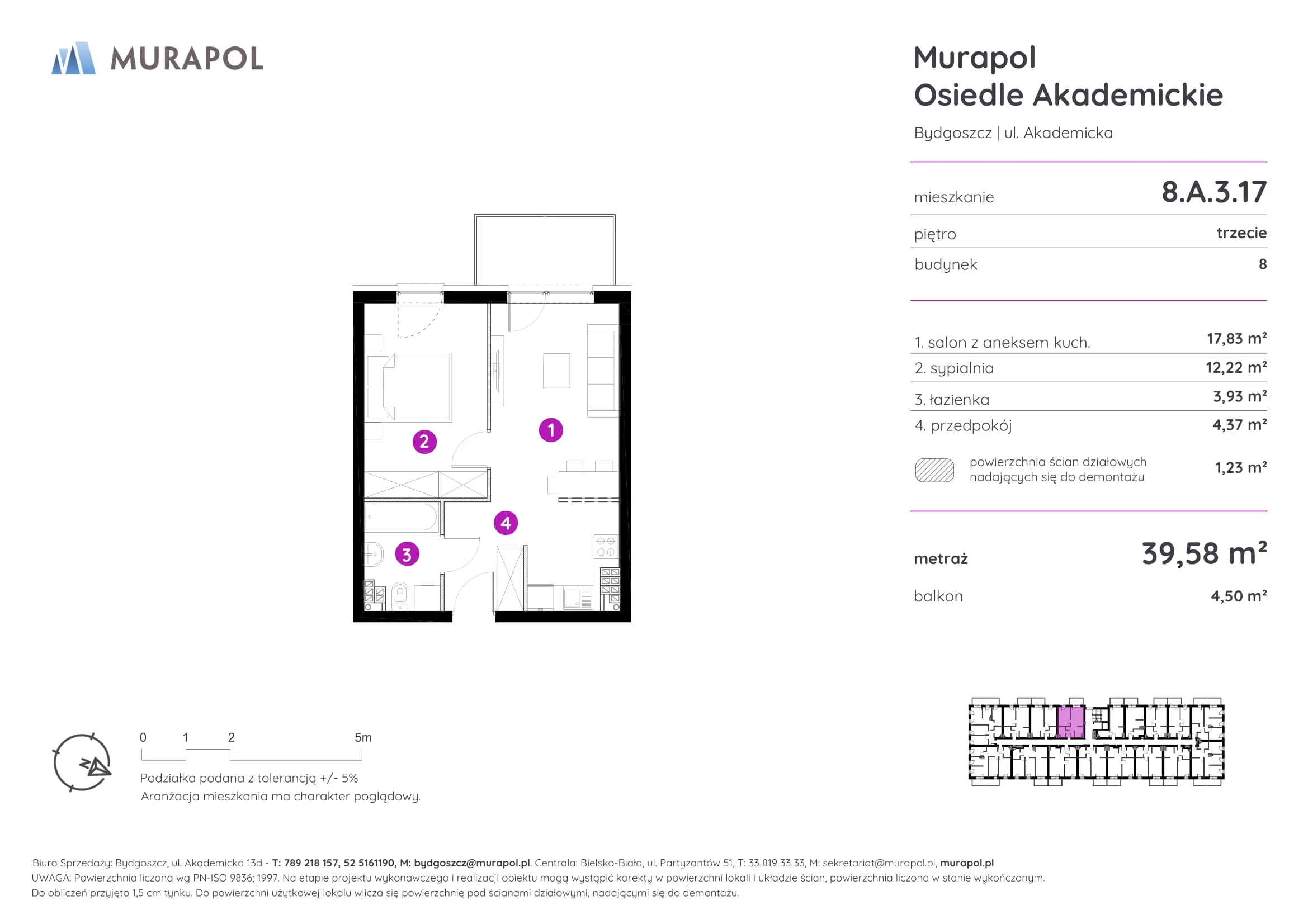 Mieszkanie 39,58 m², piętro 3, oferta nr 8.A.3.17, Murapol Osiedle Akademickie - Gotowe mieszkania, Bydgoszcz, Nowy Fordon, ul. Akademicka