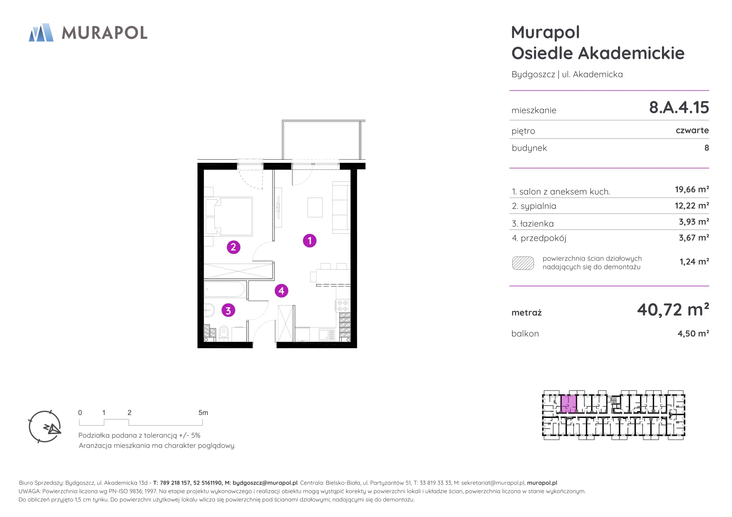 Mieszkanie 40,72 m², piętro 4, oferta nr 8.A.4.15, Murapol Osiedle Akademickie - Gotowe mieszkania, Bydgoszcz, Nowy Fordon, ul. Akademicka