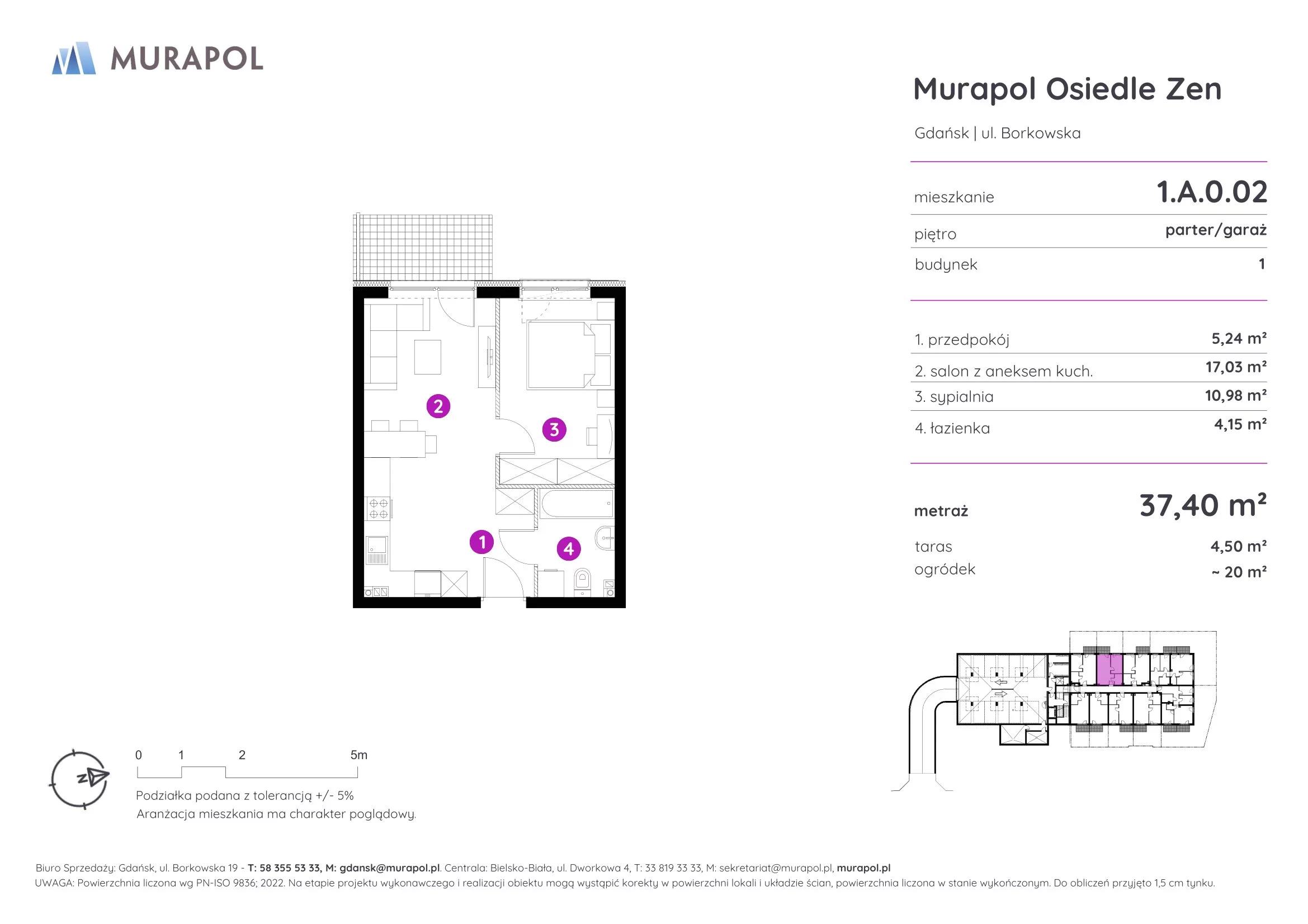 Mieszkanie 37,40 m², parter, oferta nr 1.A.0.02, Murapol Osiedle Zen, Gdańsk, Orunia Górna-Gdańsk Południe, Maćkowy, ul. Borkowska