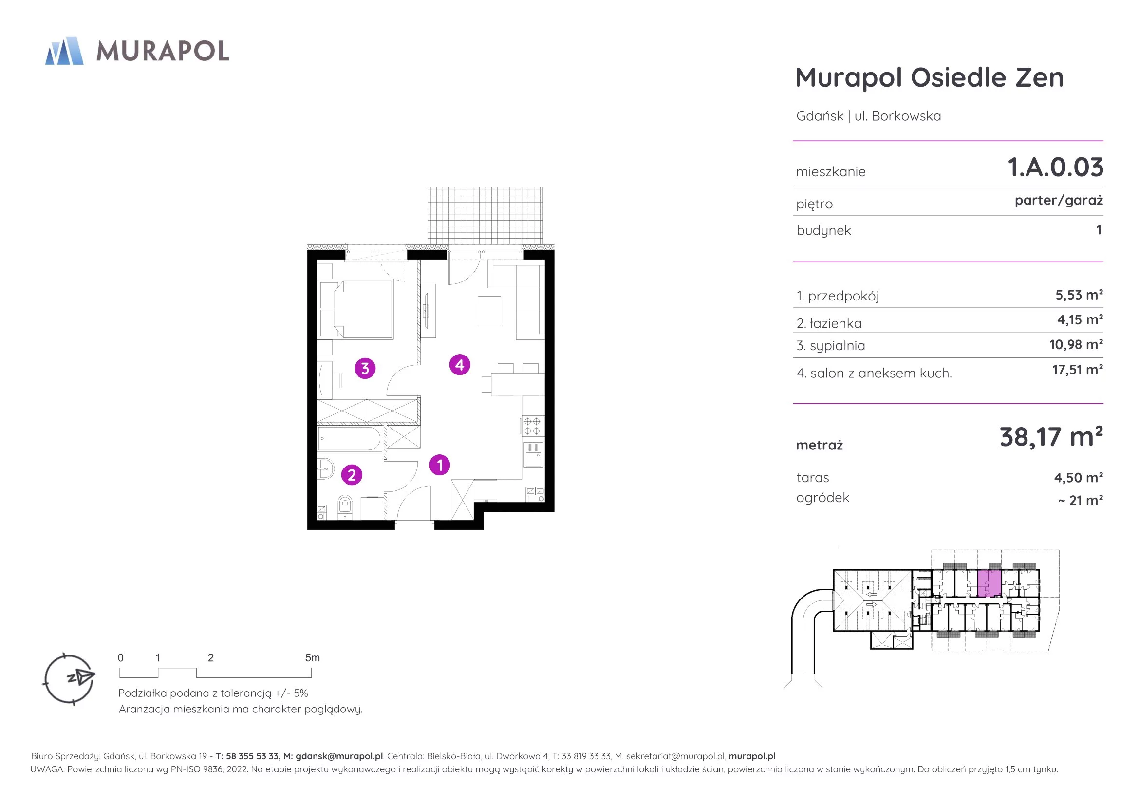 2 pokoje, mieszkanie 38,17 m², parter, oferta nr 1.A.0.03, Murapol Osiedle Zen, Gdańsk, Orunia Górna-Gdańsk Południe, Maćkowy, ul. Borkowska