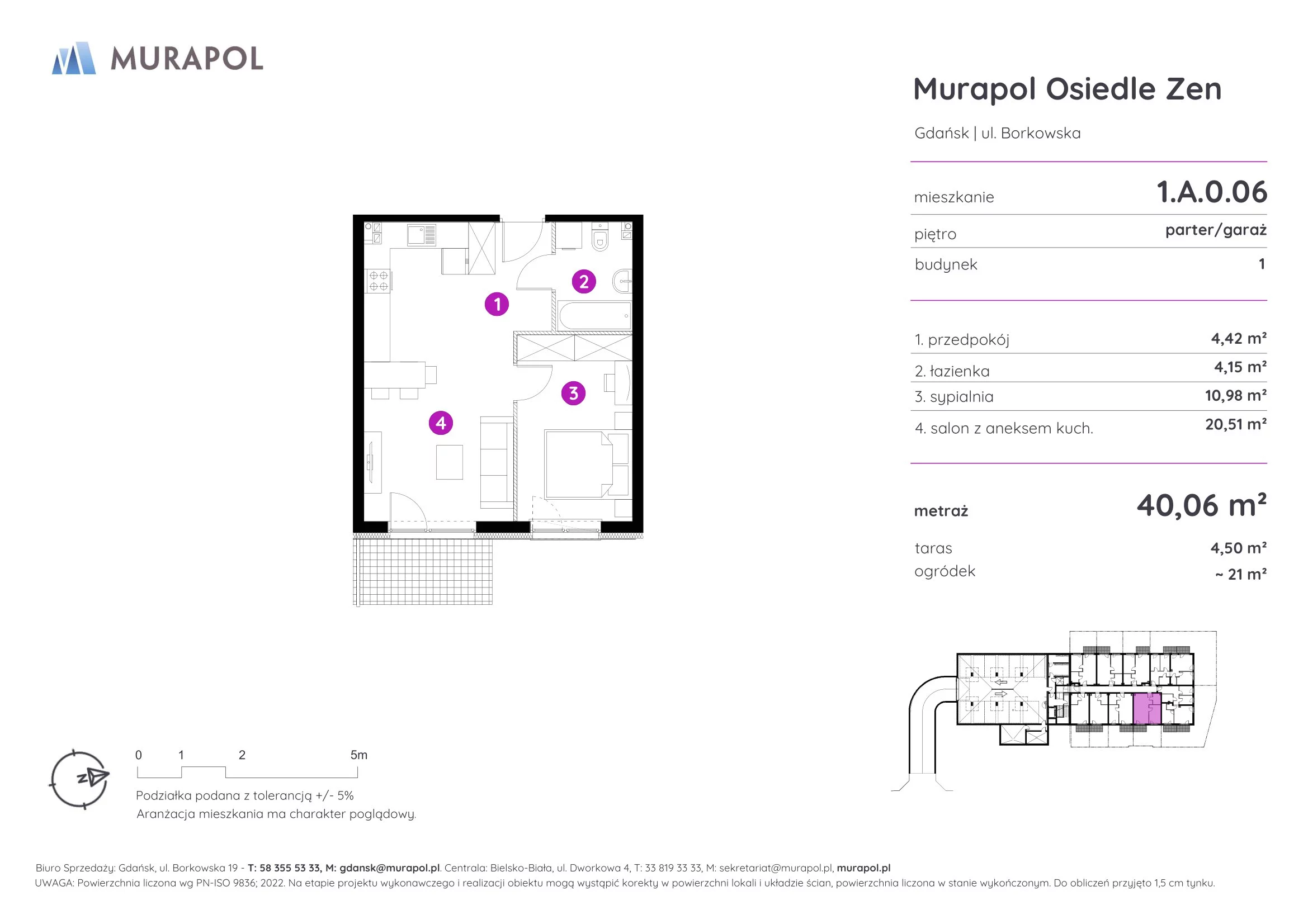 Mieszkanie 40,06 m², parter, oferta nr 1.A.0.06, Murapol Osiedle Zen, Gdańsk, Orunia Górna-Gdańsk Południe, Maćkowy, ul. Borkowska