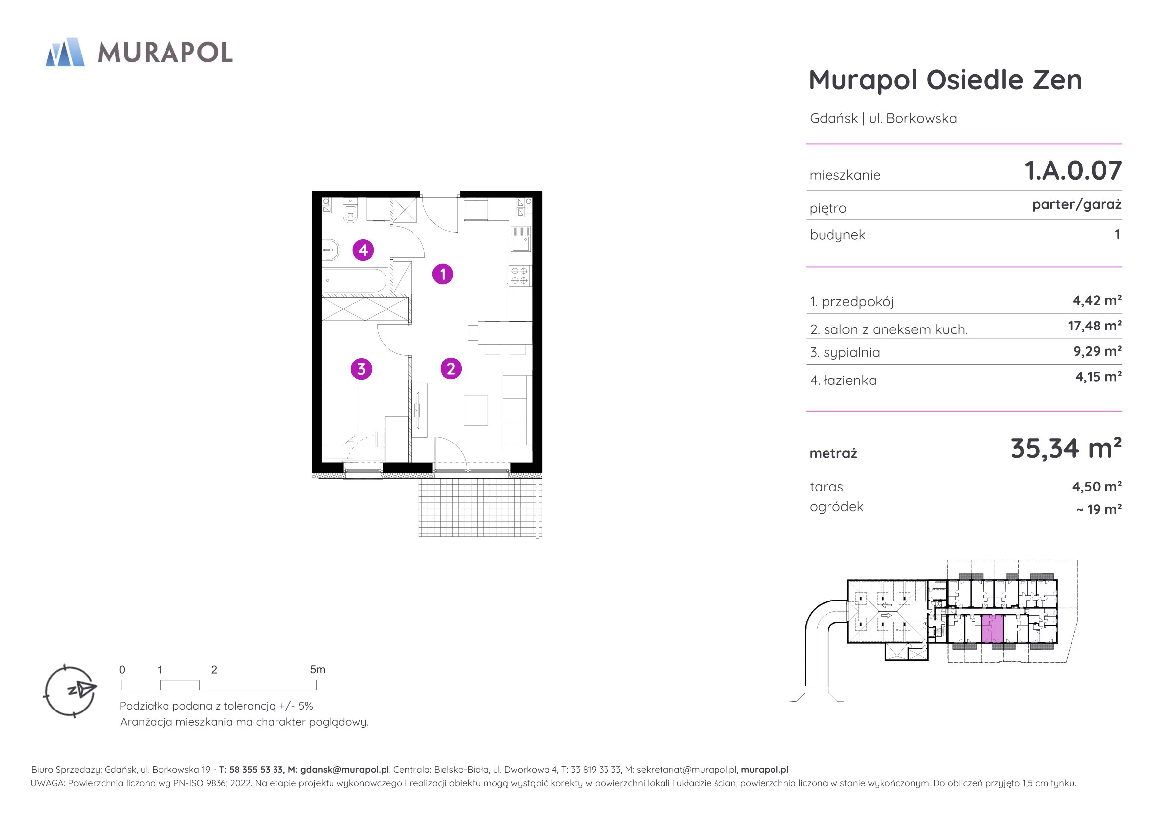 Mieszkanie 35,34 m², parter, oferta nr 1.A.0.07, Murapol Osiedle Zen, Gdańsk, Orunia Górna-Gdańsk Południe, Maćkowy, ul. Borkowska